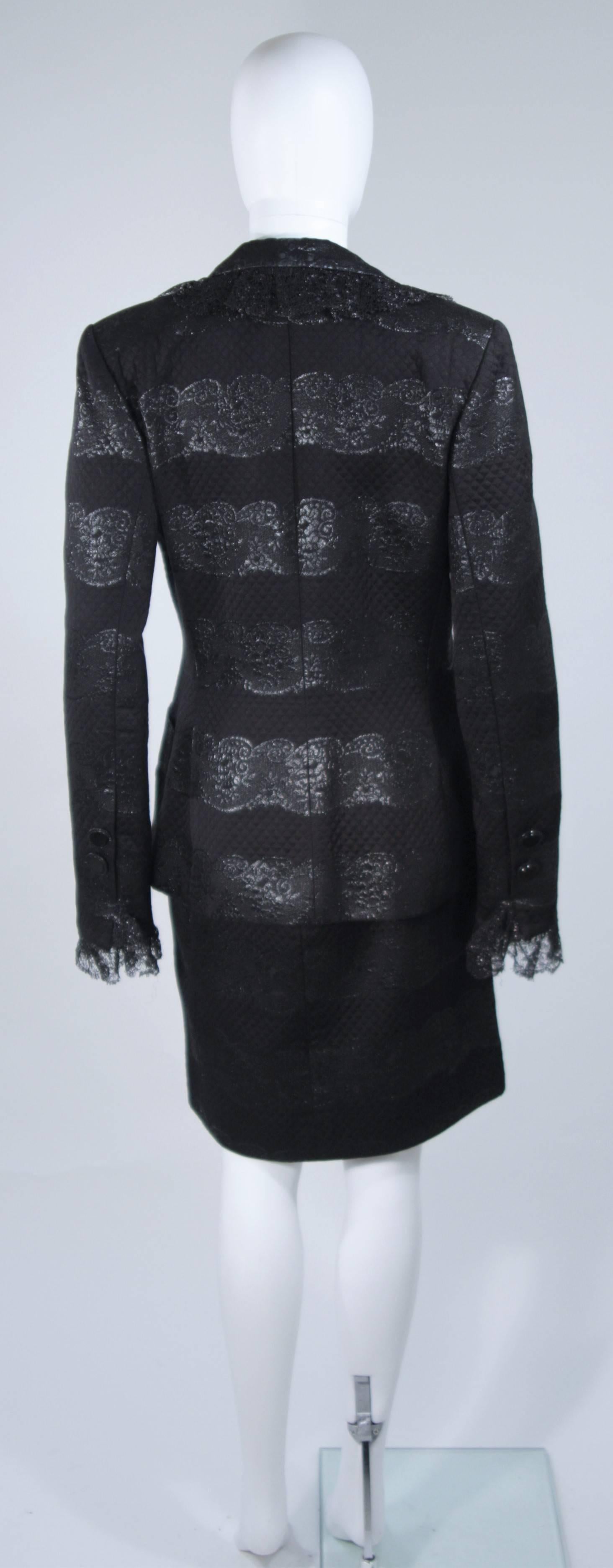 Black JACQUELINE DE RIBES Circa 1990s Silk Lame & Lace Skirt Suit with Belt Size 6-8 For Sale