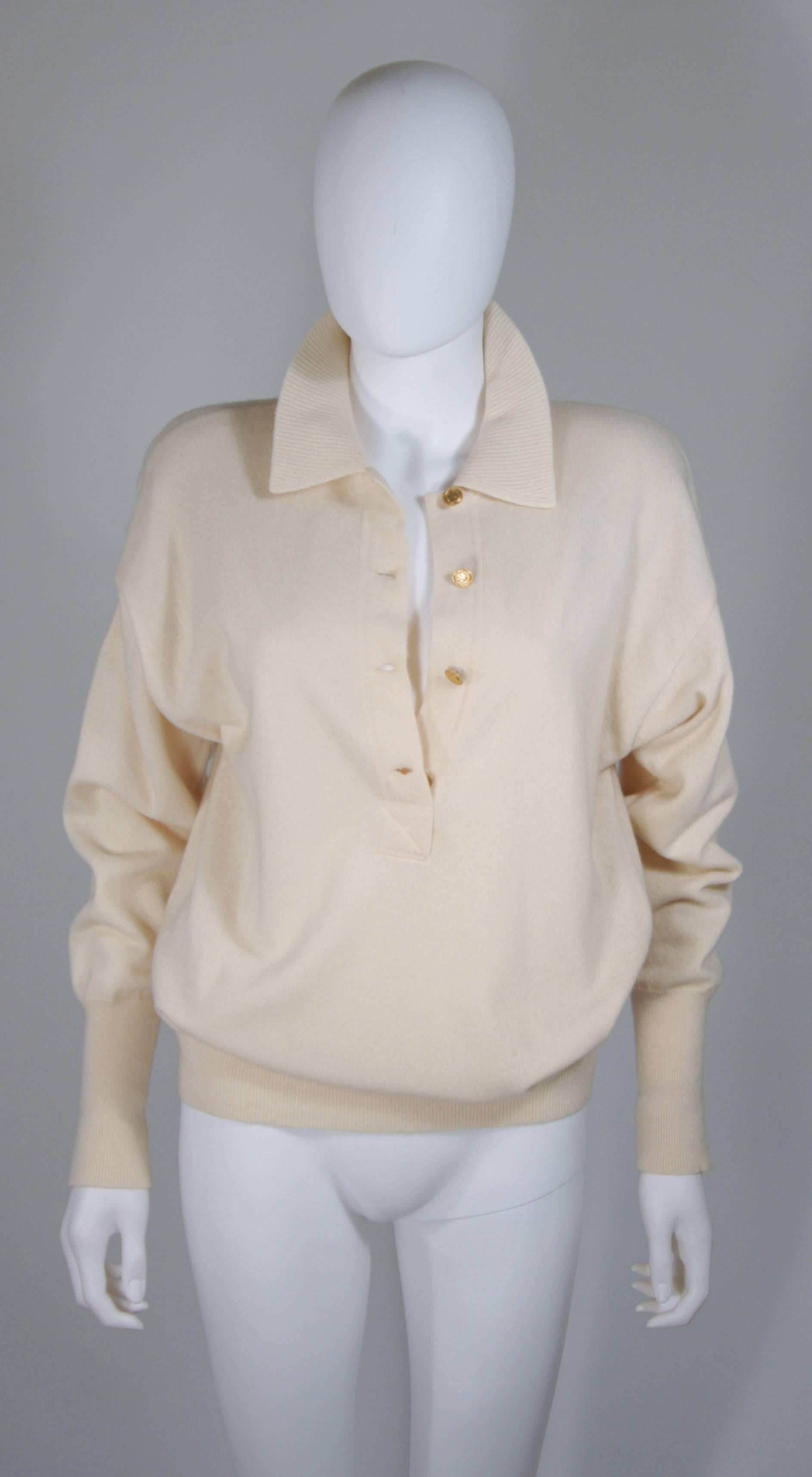 Gray CHANEL Cream Cashmere Pull over Sweater with Gold Coin Buttons Size 38