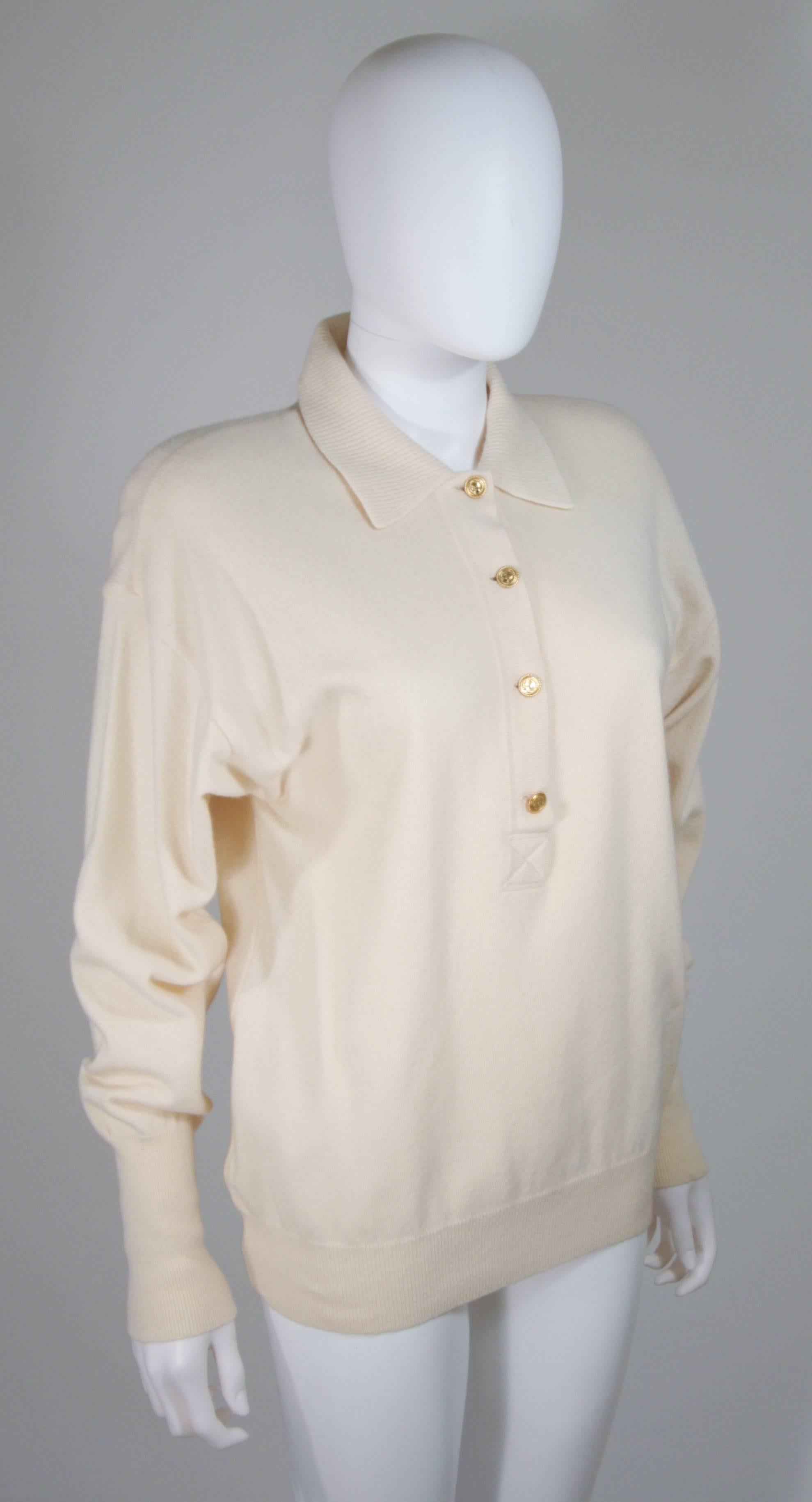 CHANEL Cream Cashmere Pull over Sweater with Gold Coin Buttons Size 38 In Excellent Condition In Los Angeles, CA