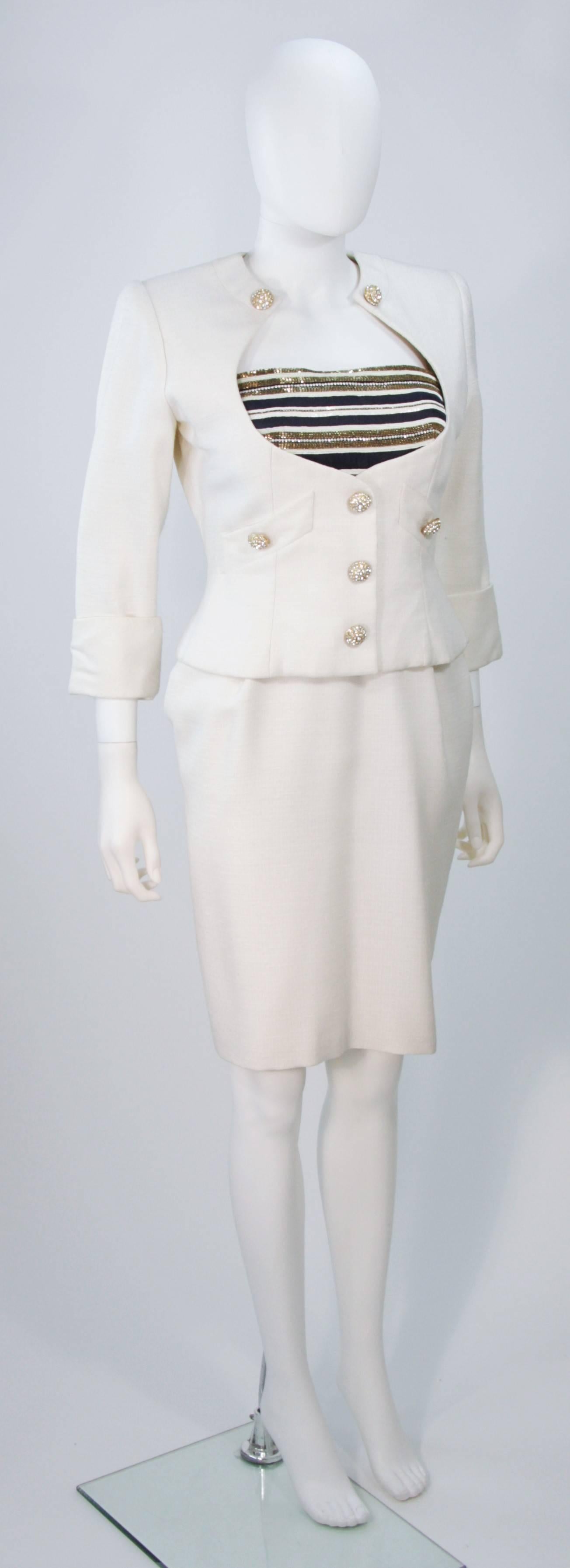JEAN PATOU COUTURE Embellished White Gold & Navy Linen Dress Ensemble Size 2-4 In Excellent Condition For Sale In Los Angeles, CA