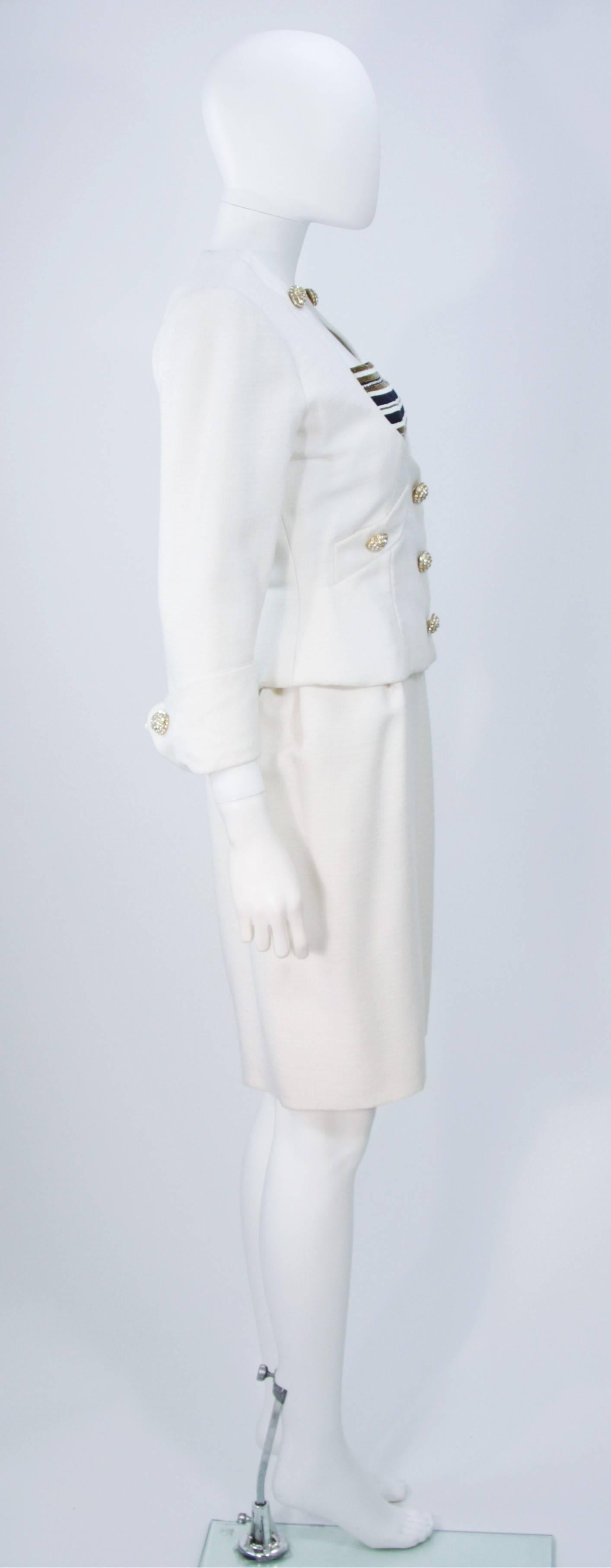Women's JEAN PATOU COUTURE Embellished White Gold & Navy Linen Dress Ensemble Size 2-4 For Sale