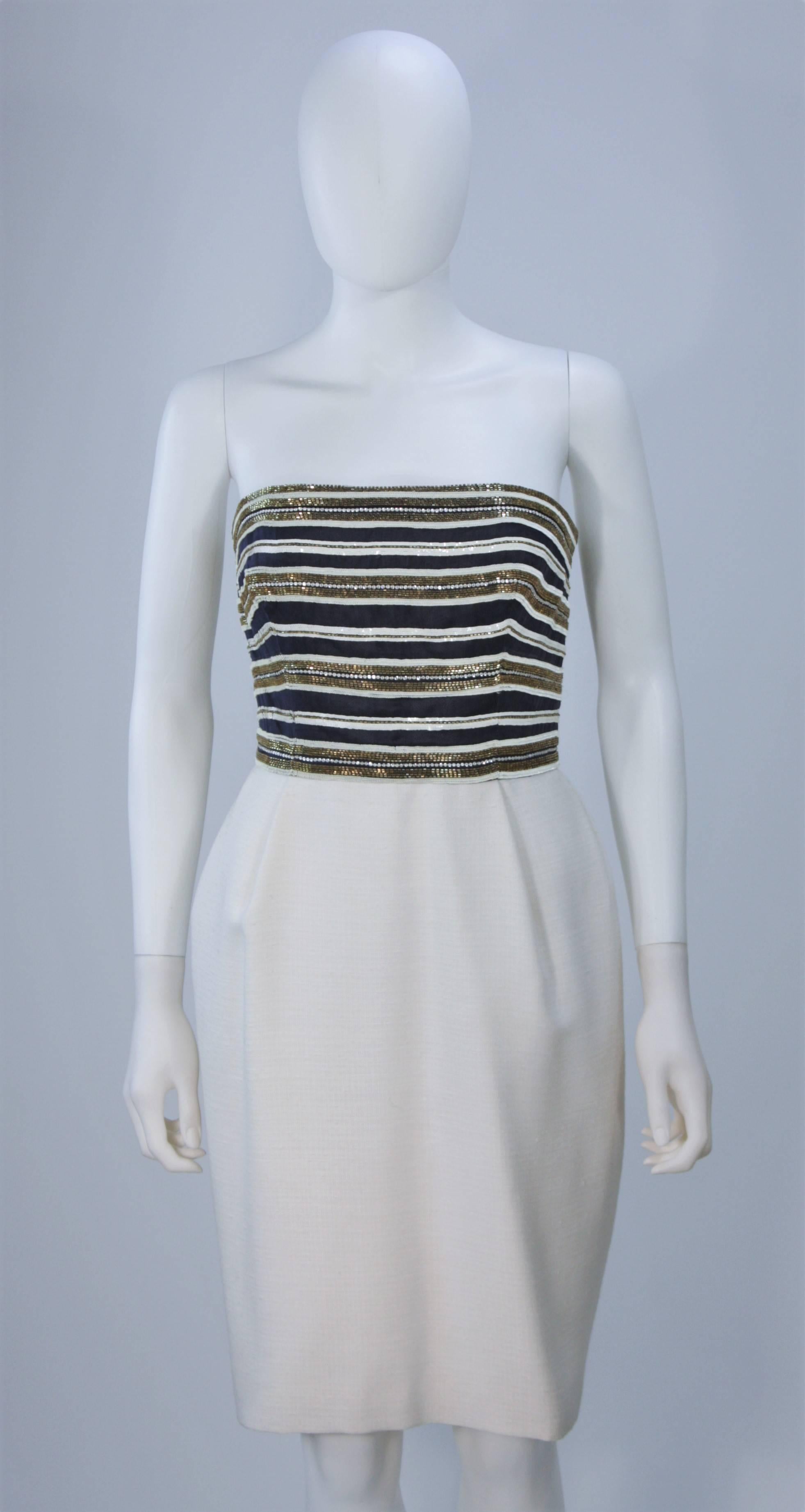 JEAN PATOU COUTURE Embellished White Gold & Navy Linen Dress Ensemble Size 2-4 For Sale 4