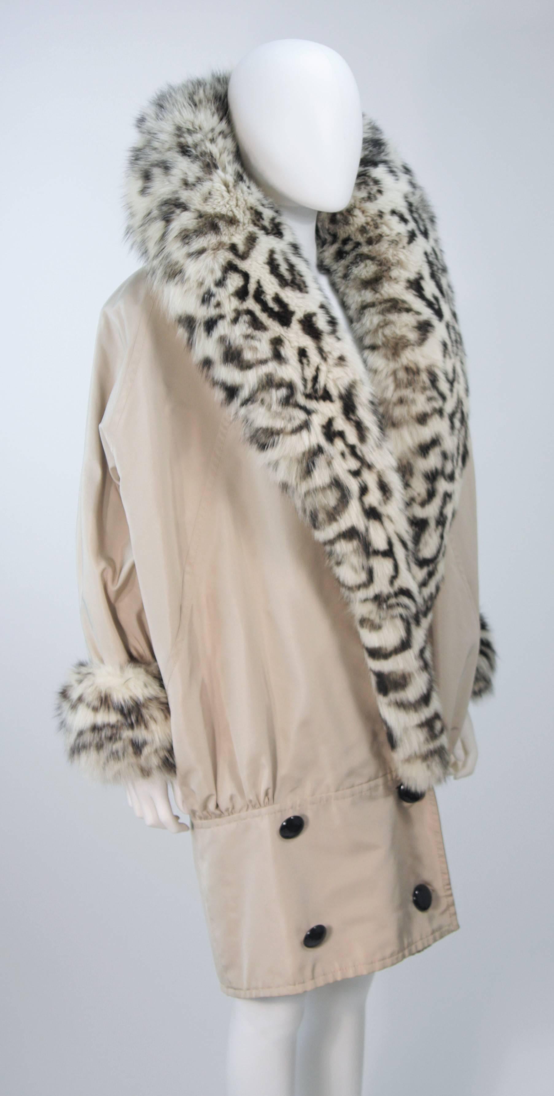 ANDREA ODICINI Khaki Coat with Patterned Oversized Fox Fur Collar & Trim Size 42 1