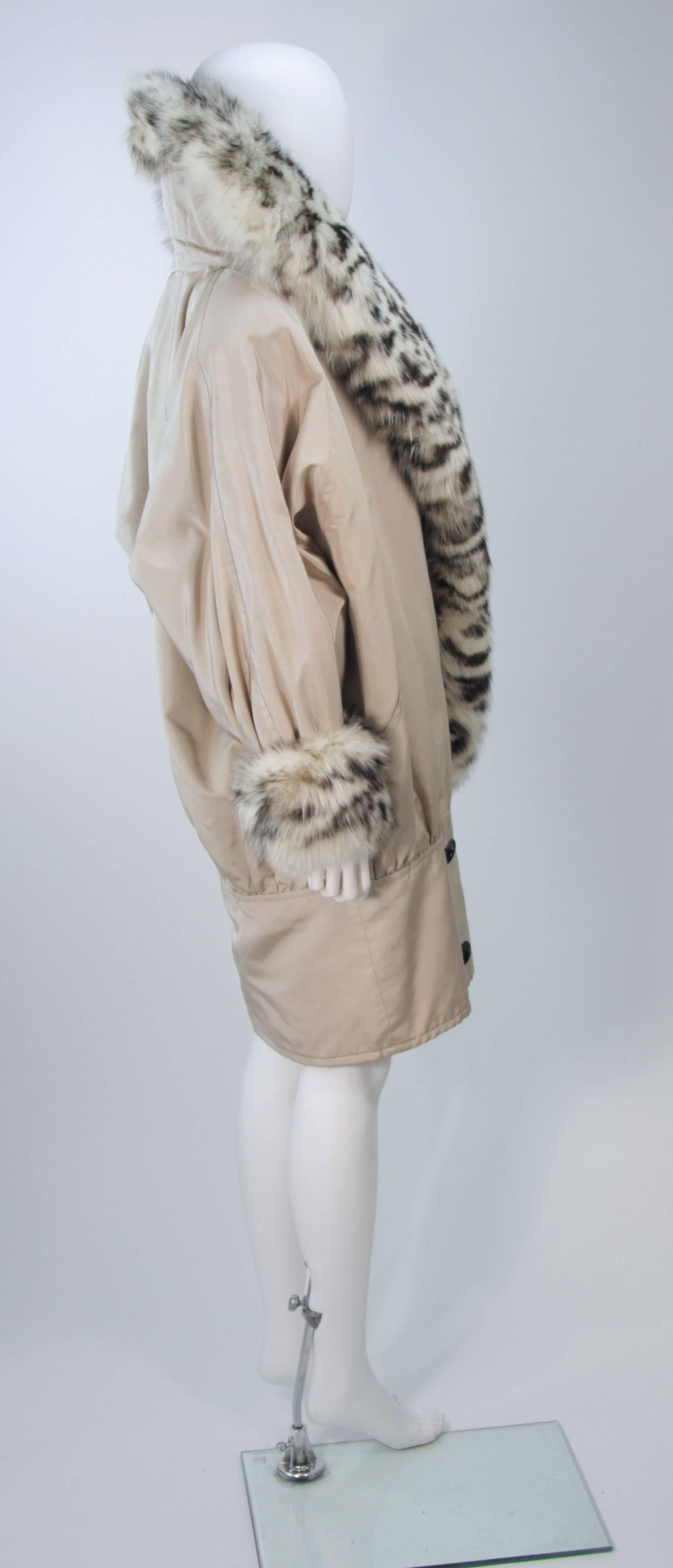 ANDREA ODICINI Khaki Coat with Patterned Oversized Fox Fur Collar & Trim Size 42 3