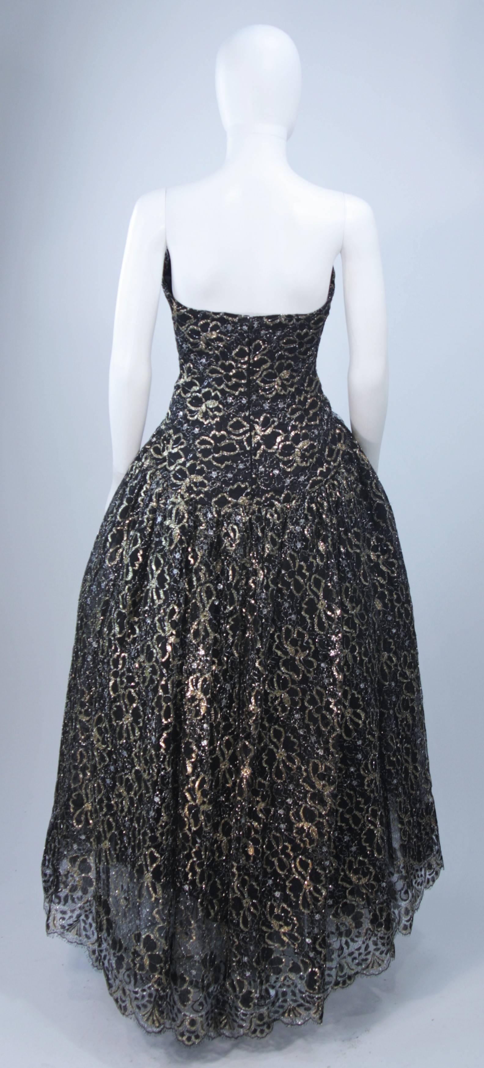 SCAASI Black and Gold Floral Metallic Lace Bustier Gown Size 4-6 1