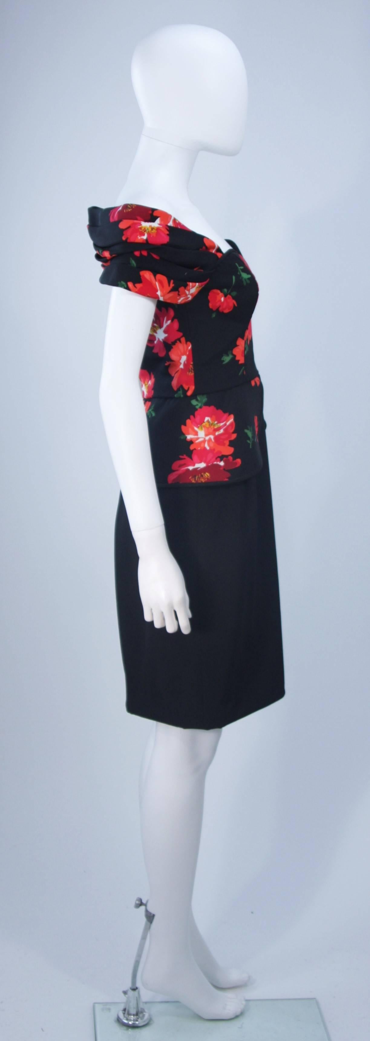 ANDREA ODICINI Black Silk Floral Print Cocktail Dress with Peplum Size 42 For Sale 1