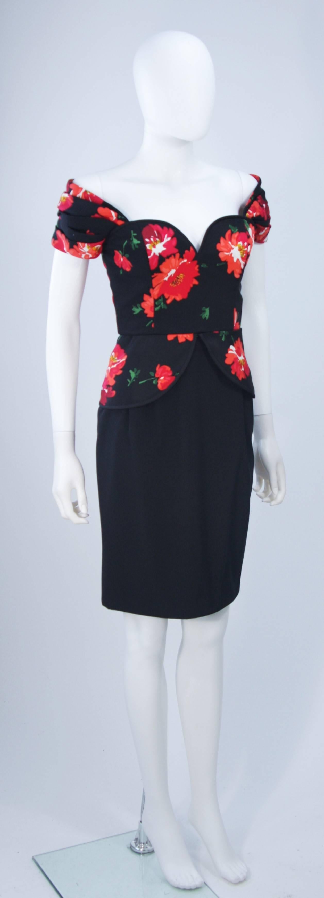 ANDREA ODICINI Black Silk Floral Print Cocktail Dress with Peplum Size 42 In Excellent Condition For Sale In Los Angeles, CA
