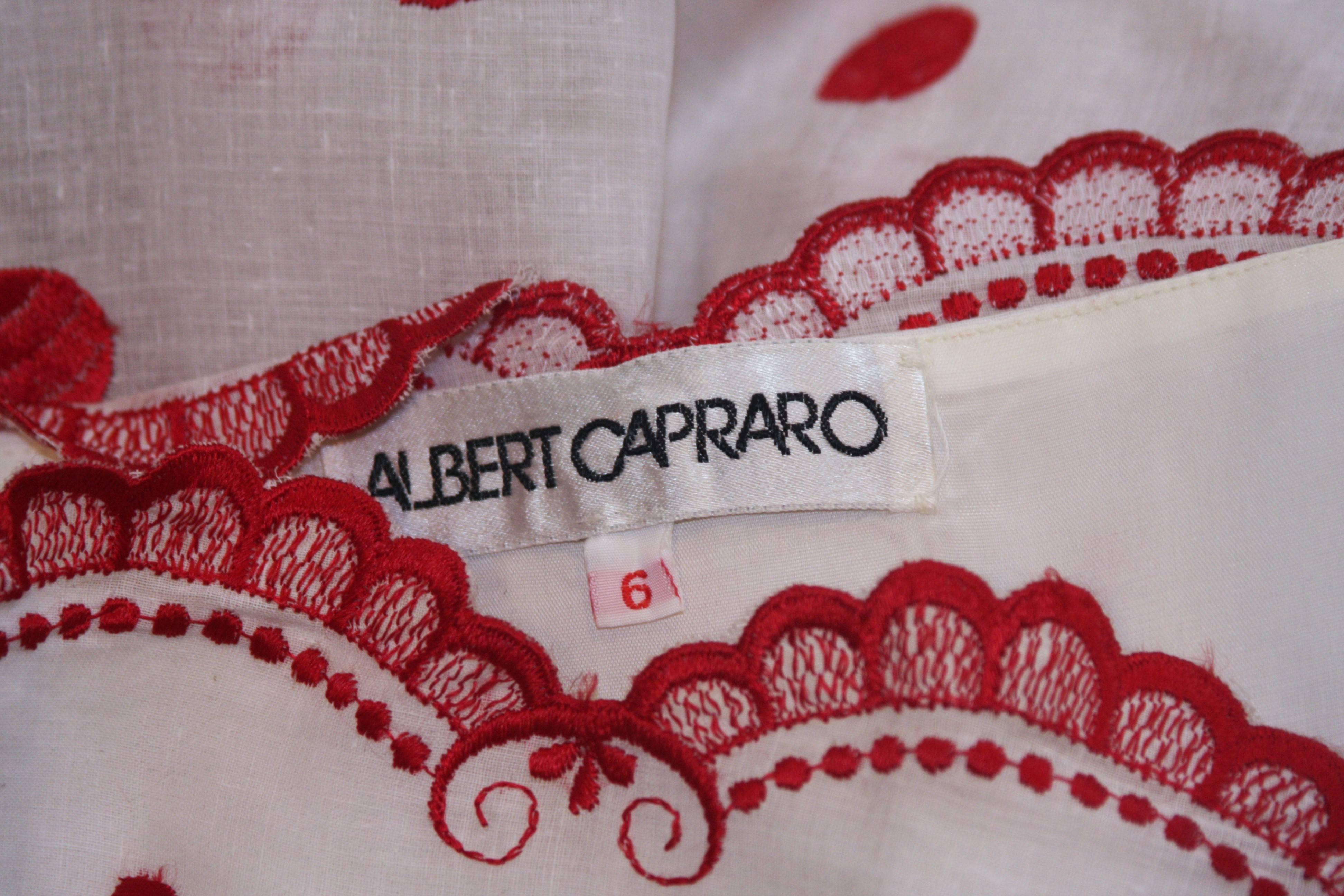 Gray ALBERTO CAPRARO Tiered White & Red Embroidered Cocktail Dress with Ribbon Size 6 For Sale
