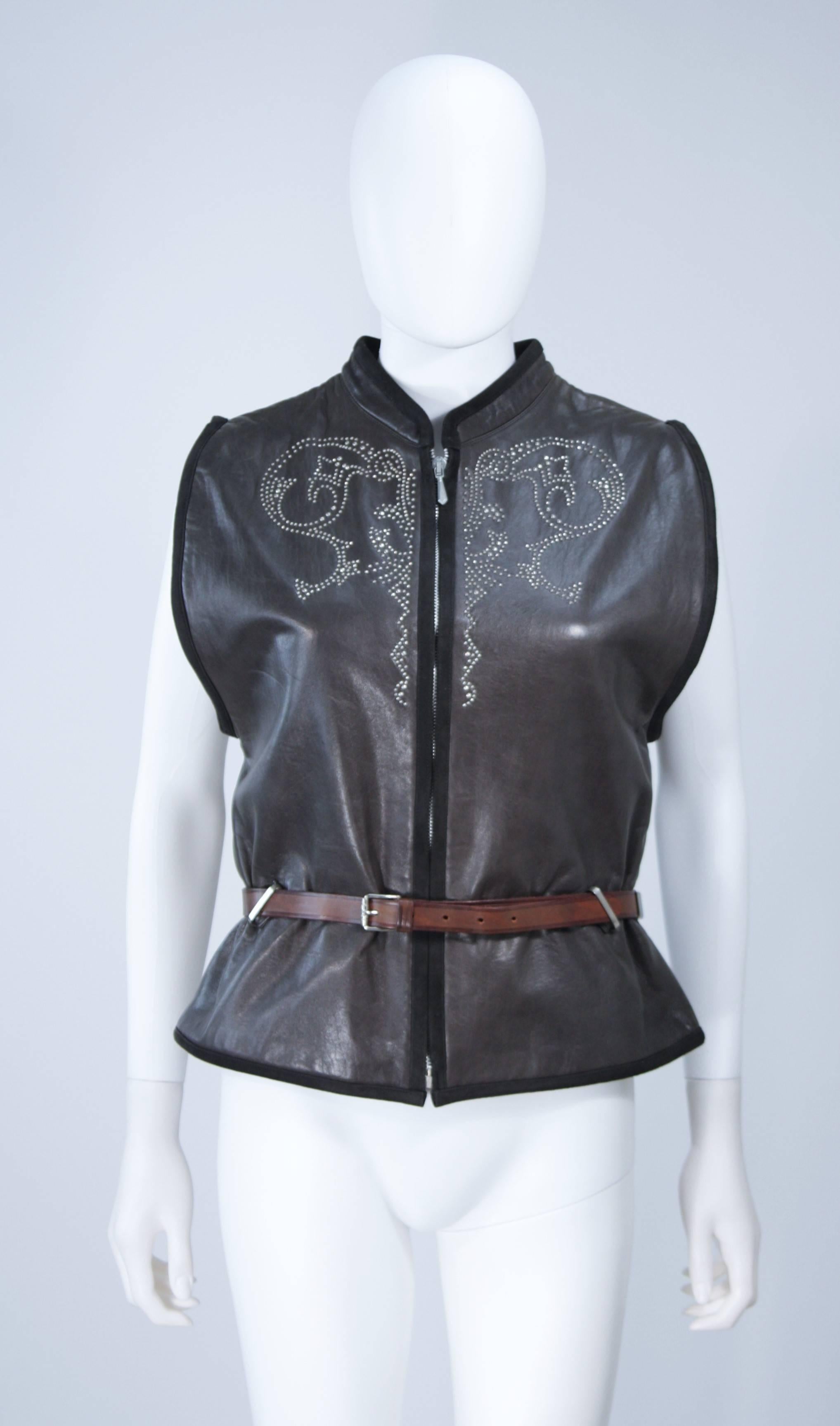 Black GIANNI VERSACE Leather Vest and Trouser Ensemble with Metal Studs Size 2-4