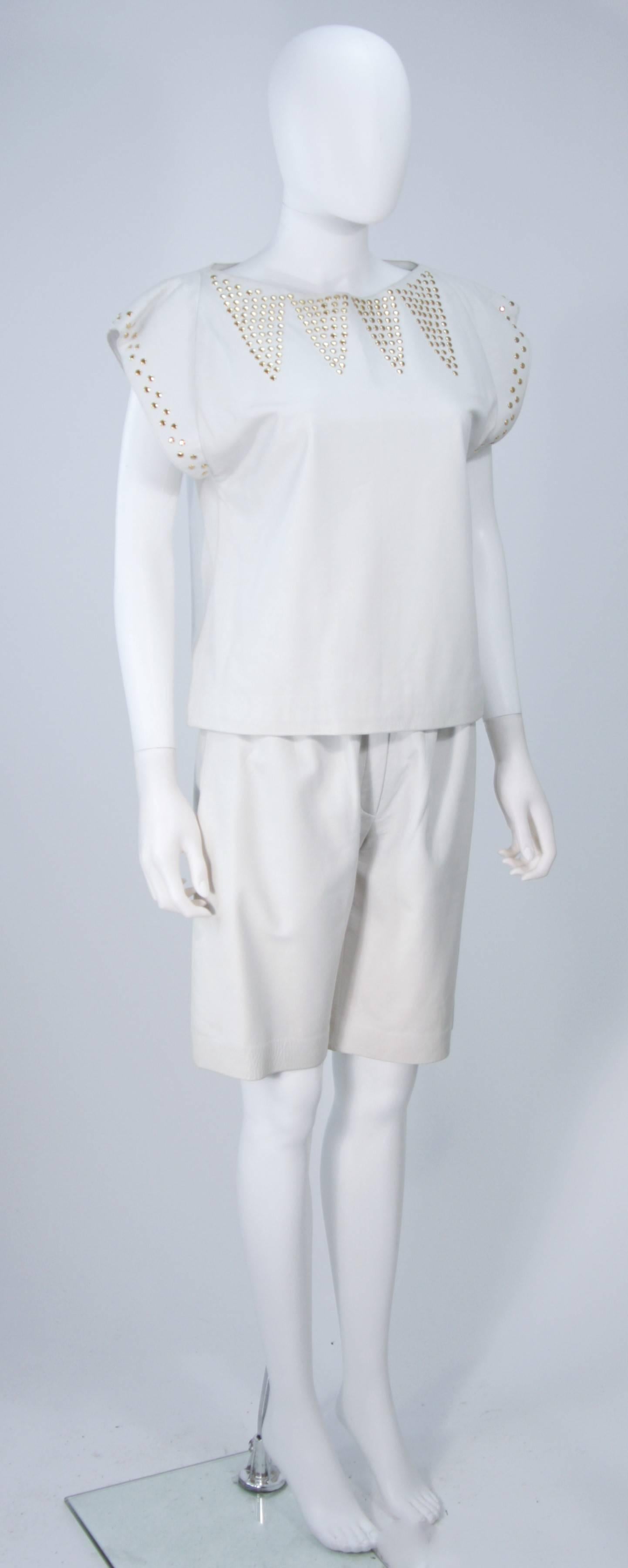 Women's TED LAPIDUS Two Piece Off White Leather Short Set with Gold Studs Size 4
