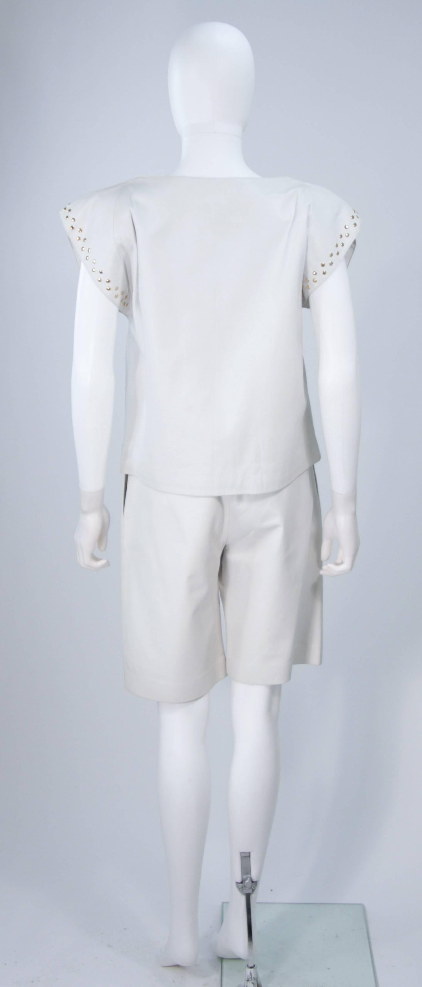 TED LAPIDUS Two Piece Off White Leather Short Set with Gold Studs Size 4 2