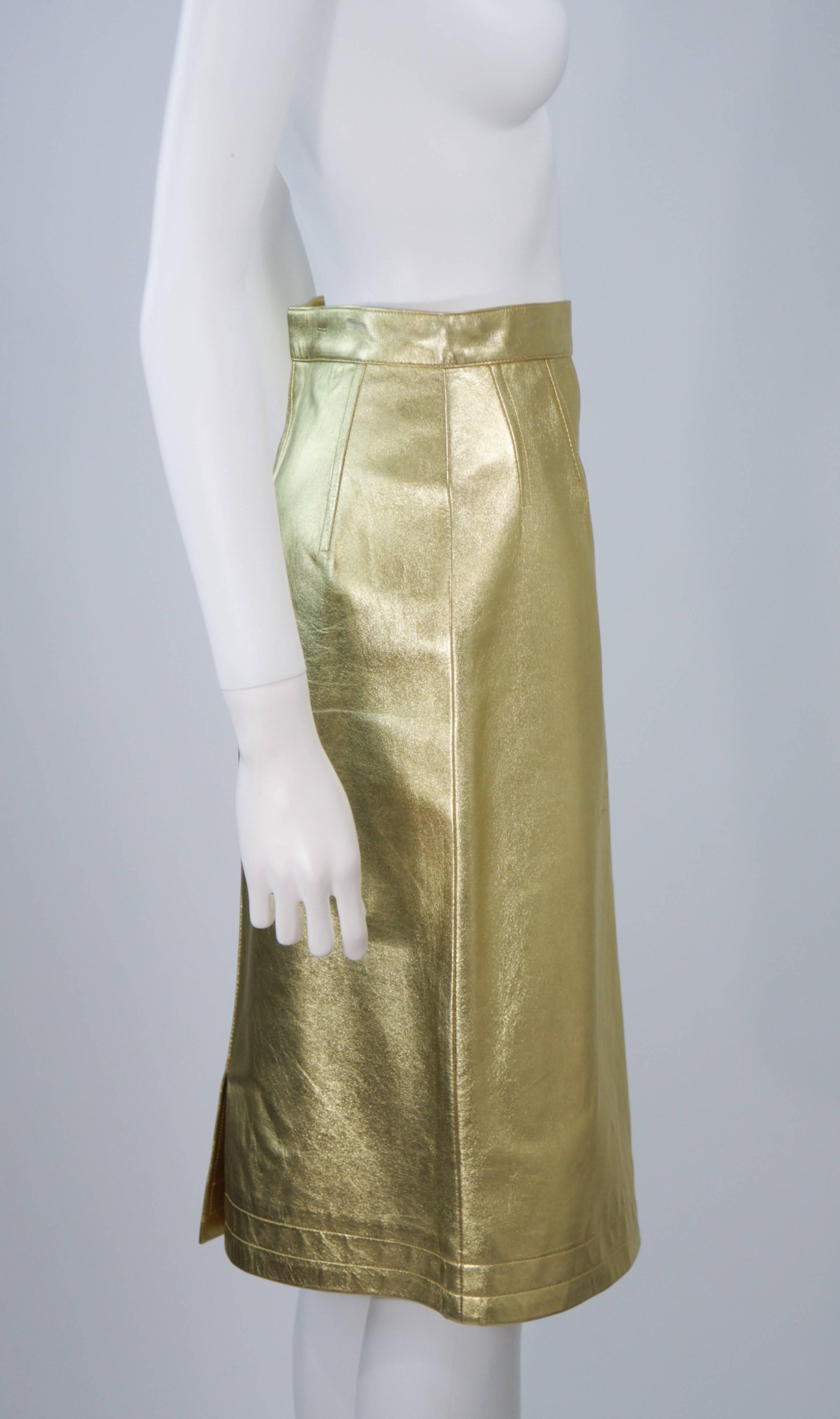 Women's YVES SAINT LAURENT Gold Foil Metallic Leather Pencil Skirt Size 42 For Sale