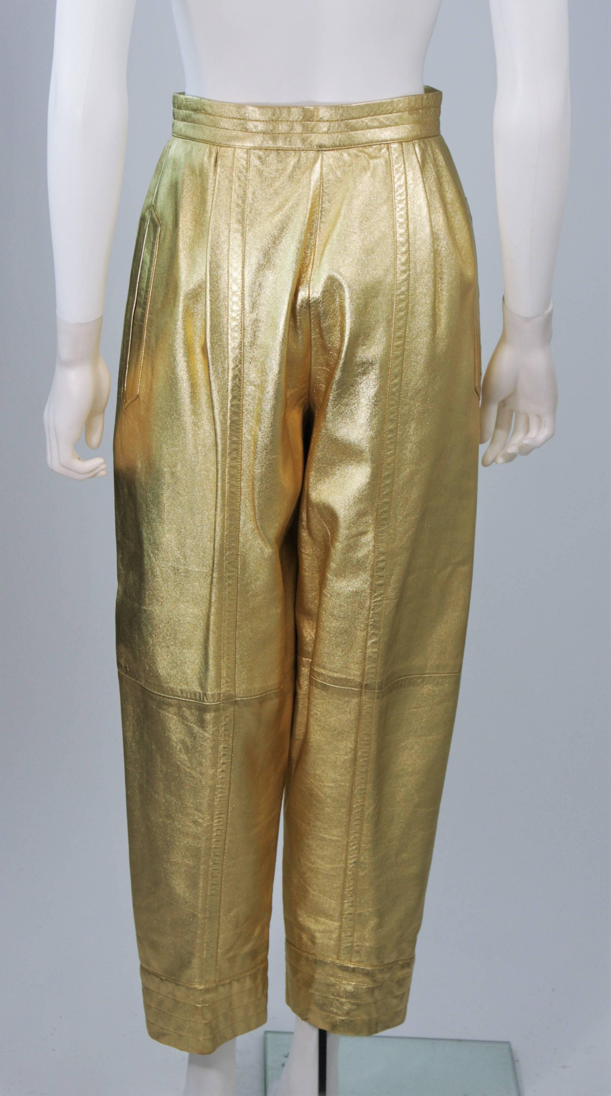 Women's YVES SAINT LAURENT Gold Metallic Foil Leather Pleated Pants Joggers Size 38