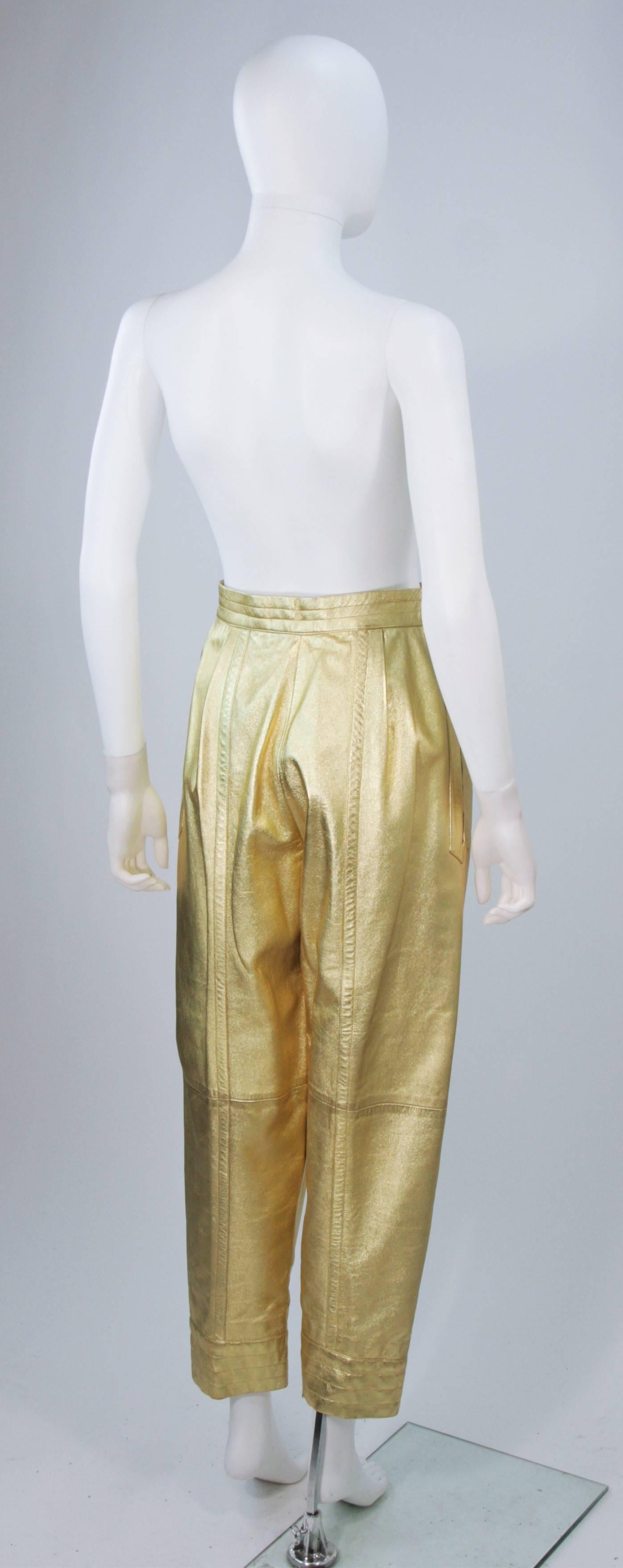 Brown YVES SAINT LAURENT Gold Metallic Foil Leather Pleated Pants Joggers Size 38
