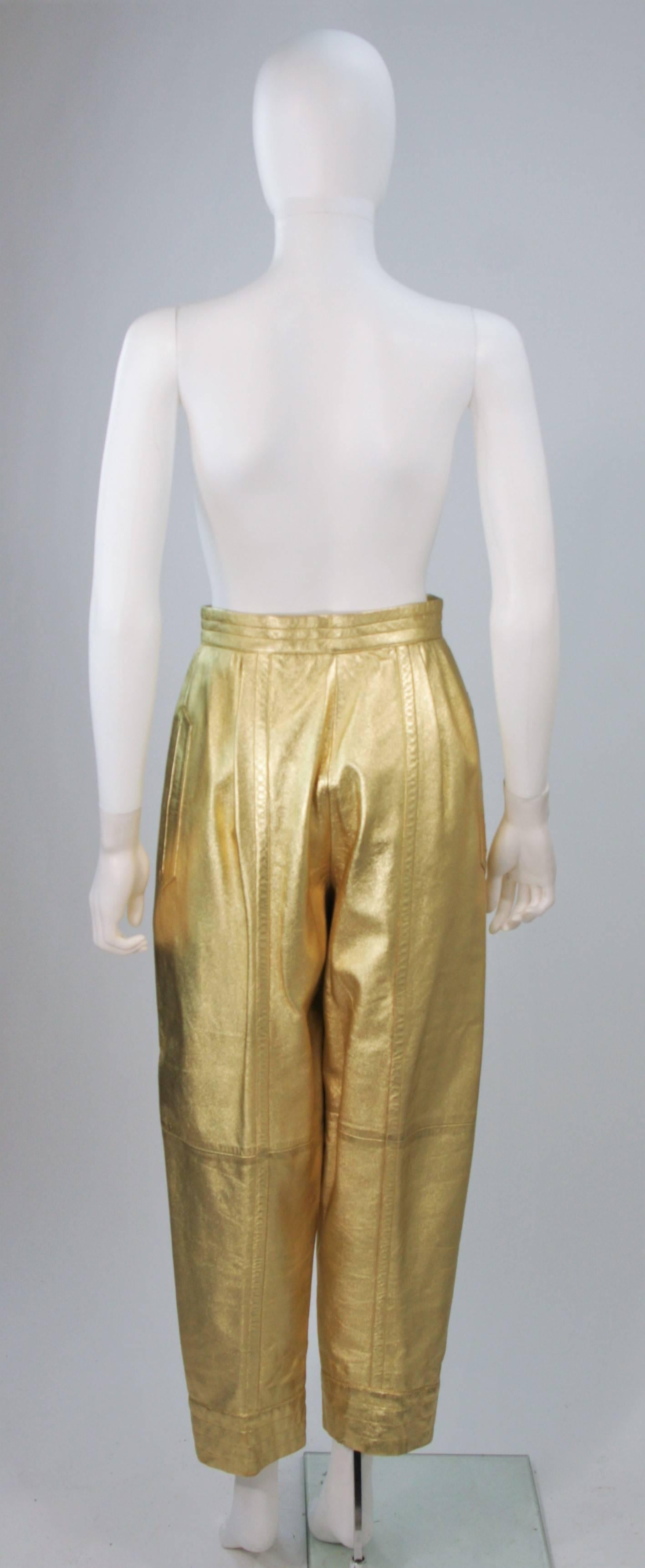 YVES SAINT LAURENT Gold Metallic Foil Leather Pleated Pants Joggers Size 38 In Excellent Condition In Los Angeles, CA