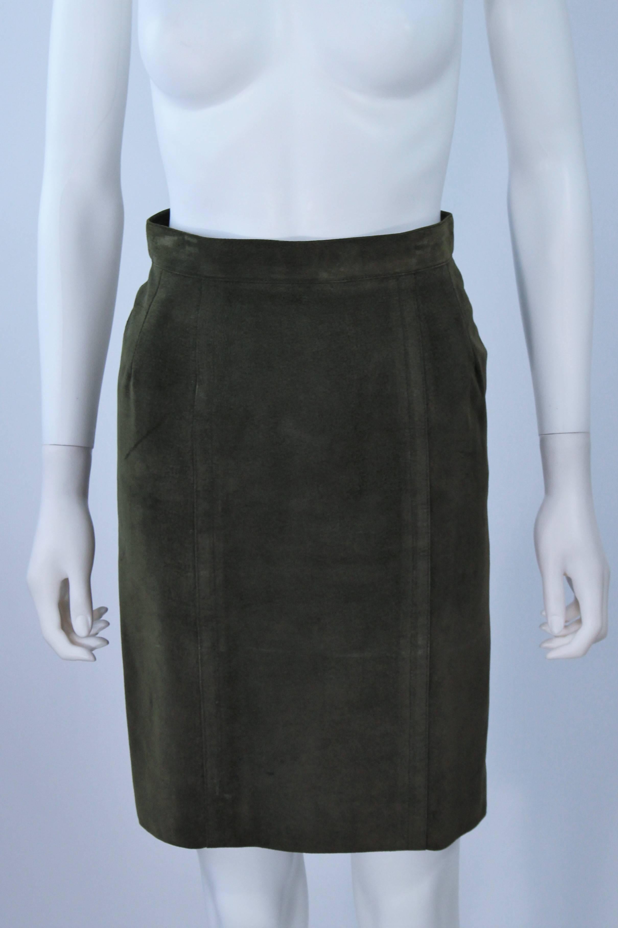 CHANEL Khaki Green Burgundy Skirt Suit with Green Suede Skirt Size 38 4