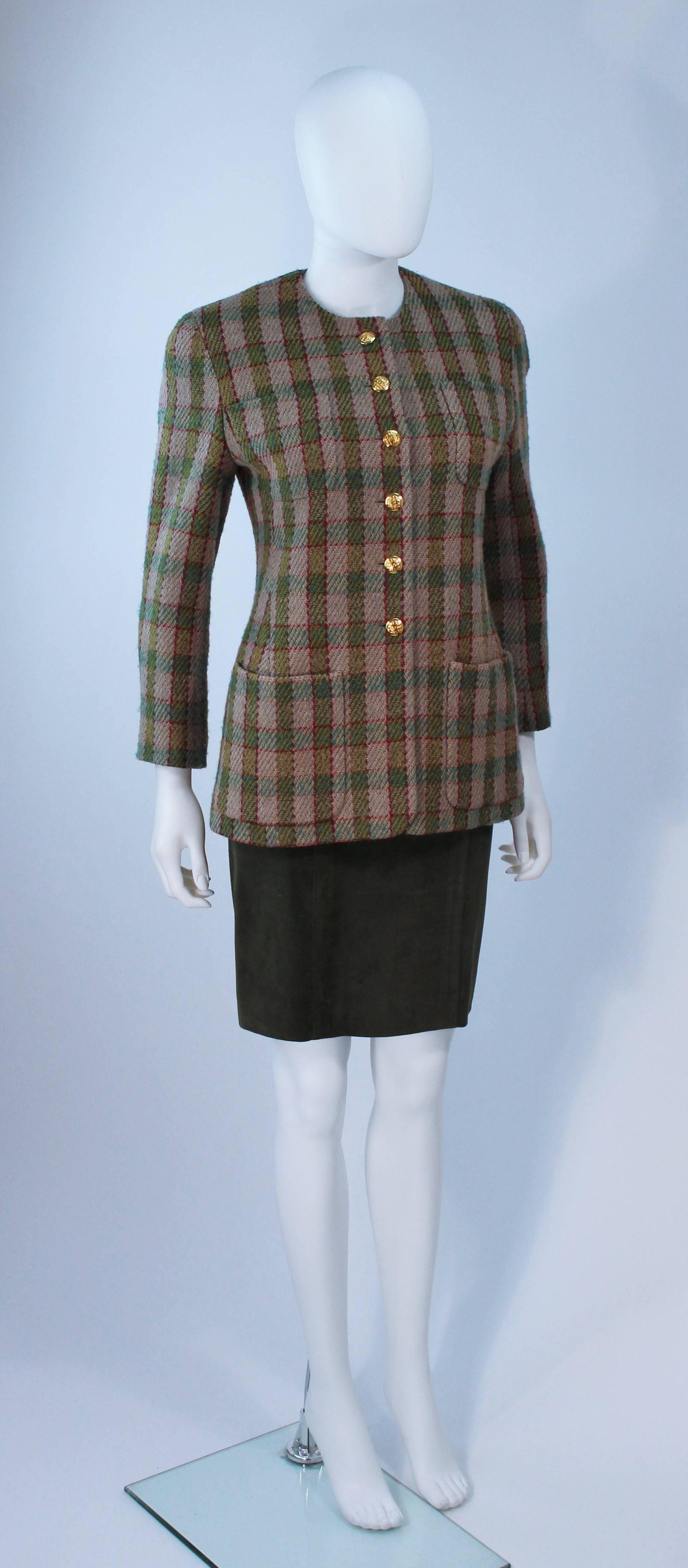CHANEL Khaki Green Burgundy Skirt Suit with Green Suede Skirt Size 38 In Excellent Condition In Los Angeles, CA