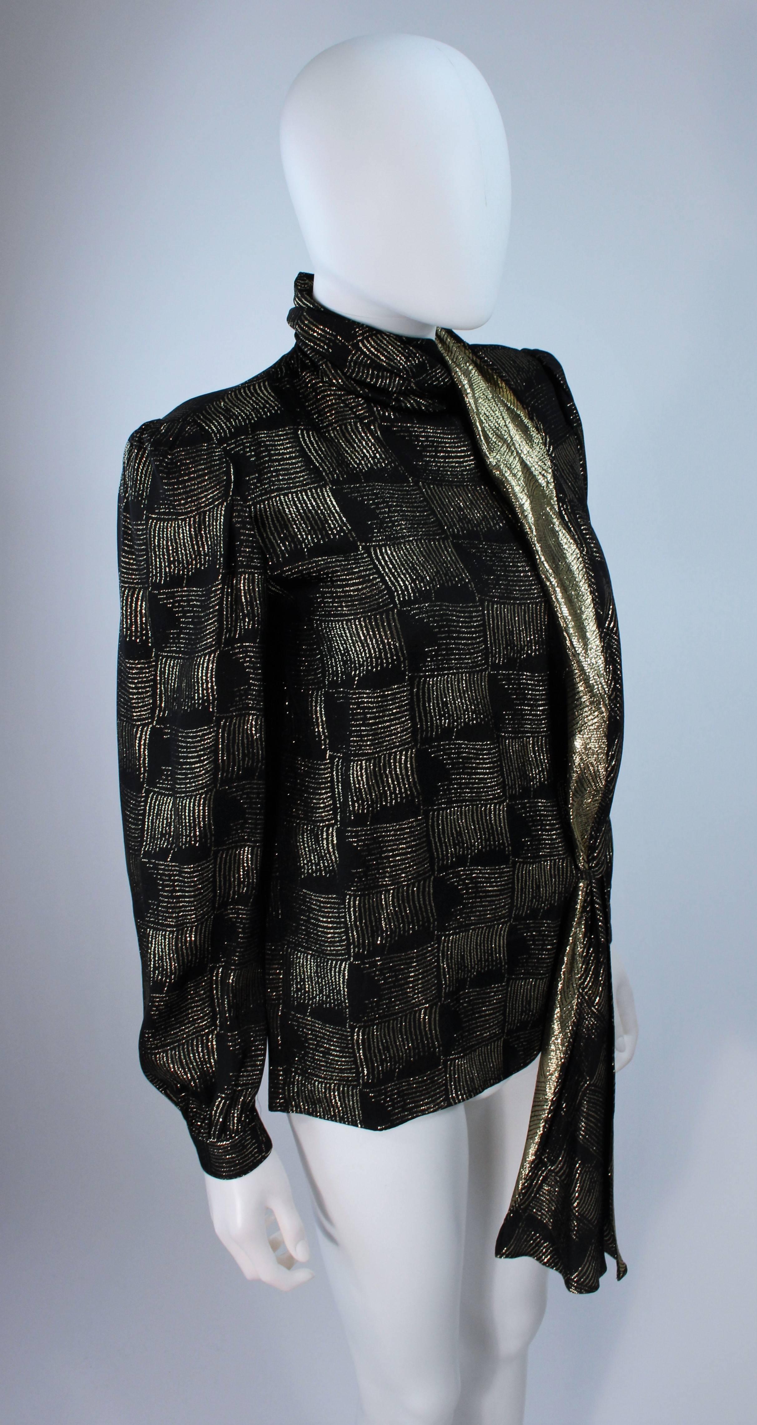 VALENTINO Black and Gold Silk Metallic Blouse with Neck Tie Size 40 2