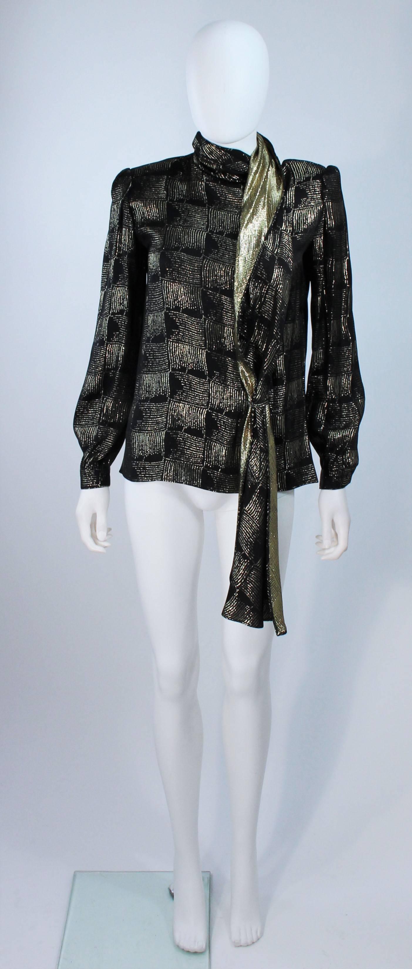 Women's VALENTINO Black and Gold Silk Metallic Blouse with Neck Tie Size 40