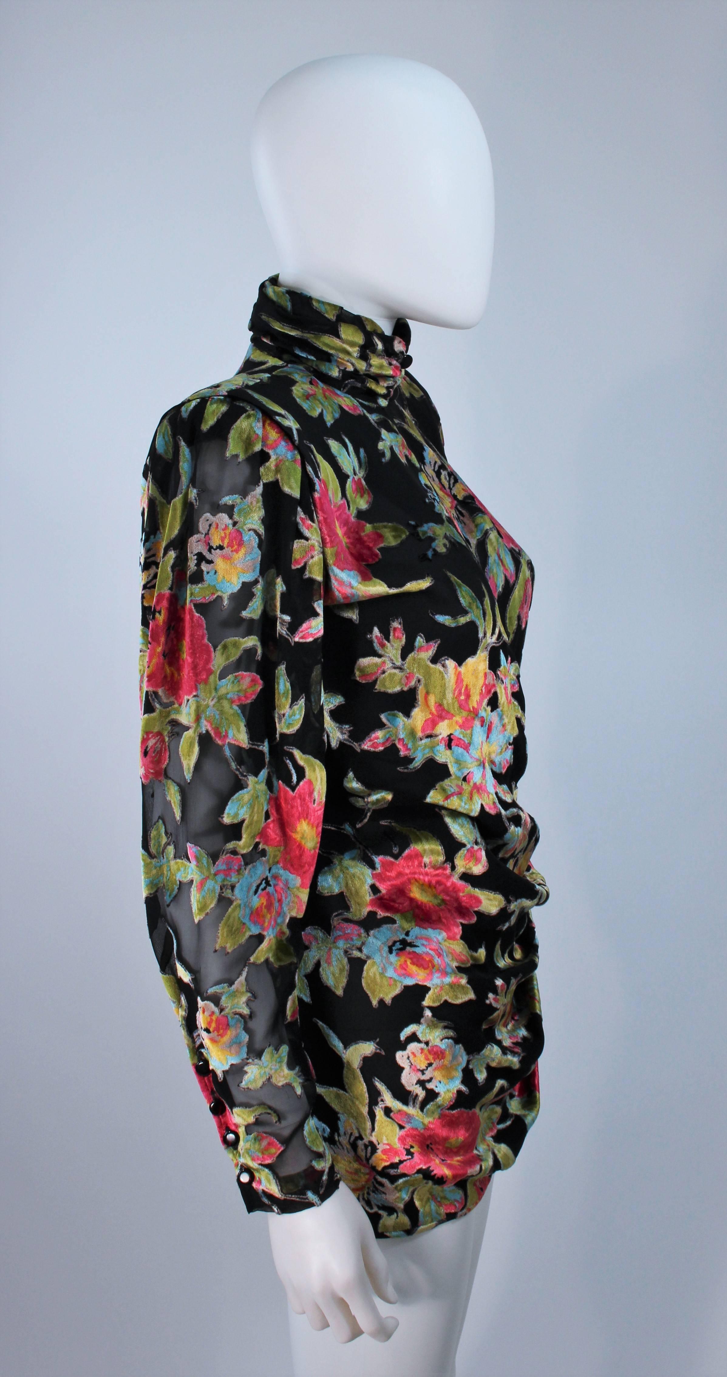 UNGARO Silk and Velvet Floral Motif Wrap Style Draped Blouse Size 8 In Excellent Condition In Los Angeles, CA