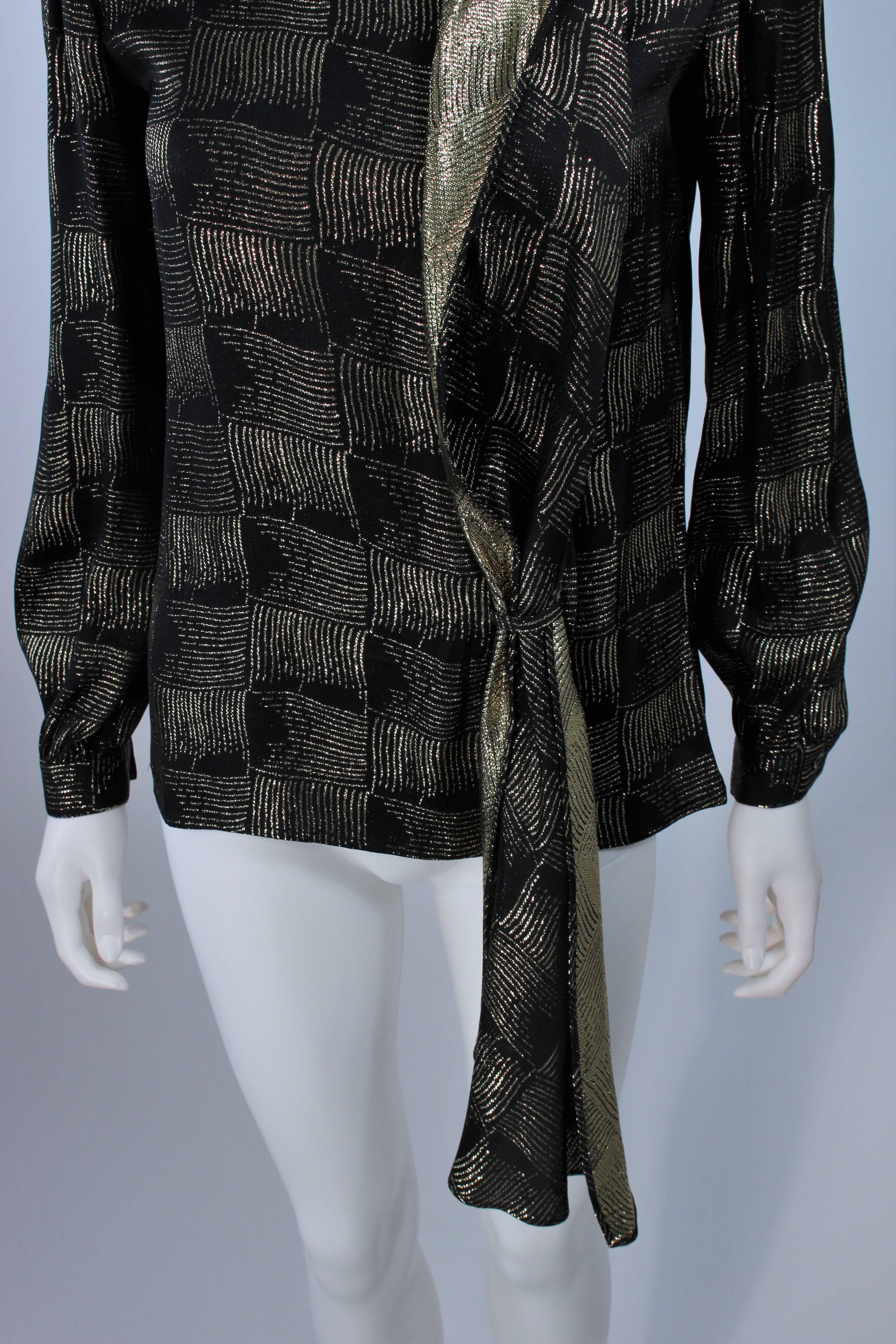 VALENTINO Black and Gold Silk Metallic Blouse with Neck Tie Size 40 1