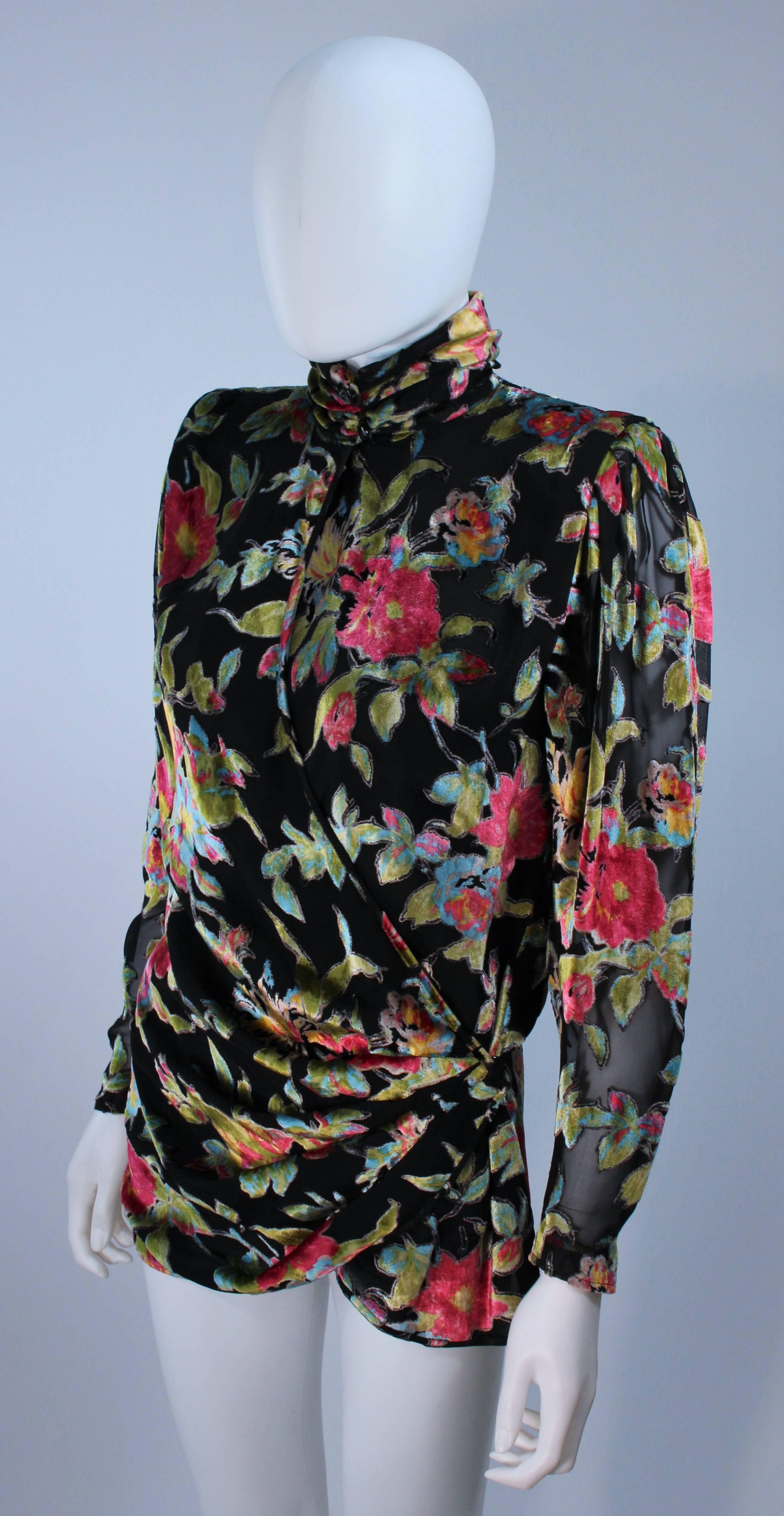 Black UNGARO Silk and Velvet Floral Motif Wrap Style Draped Blouse Size 8