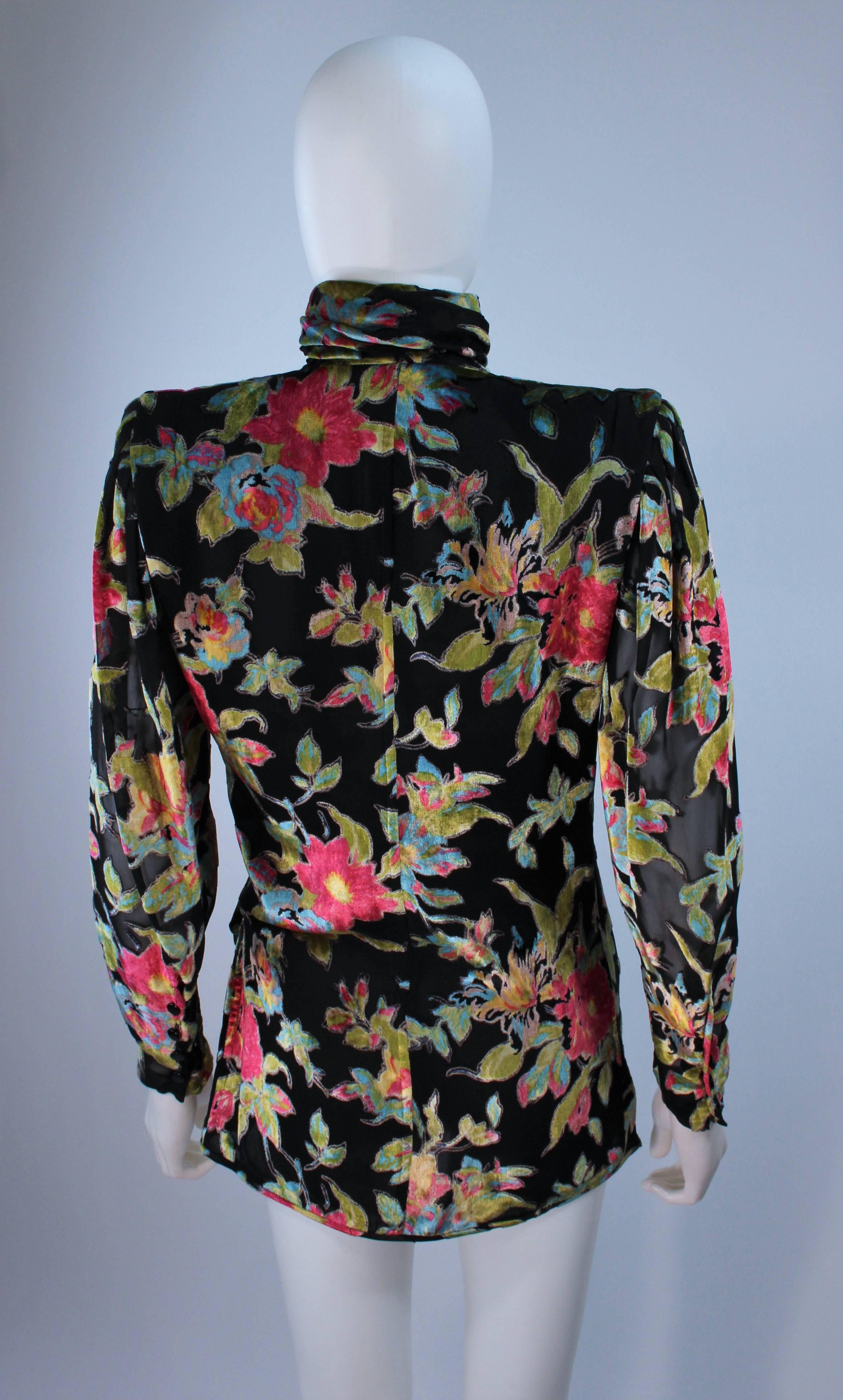 UNGARO Silk and Velvet Floral Motif Wrap Style Draped Blouse Size 8 1