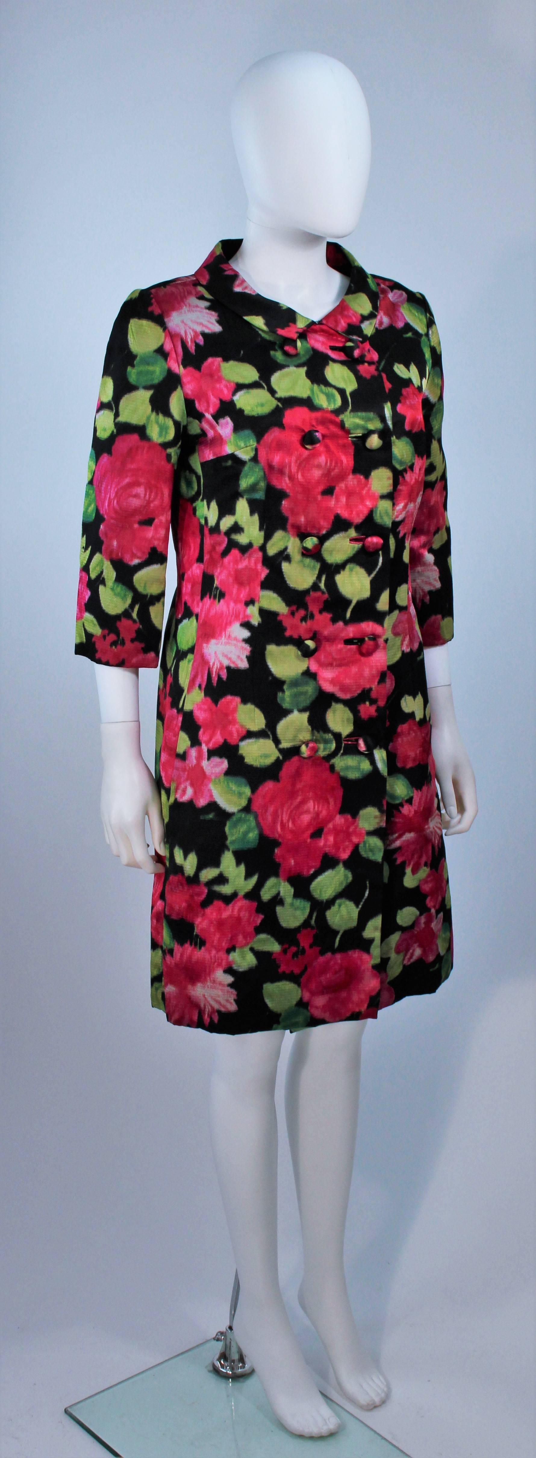 Women's 1960's Black Silk Floral Print Coat Size 6 For Sale