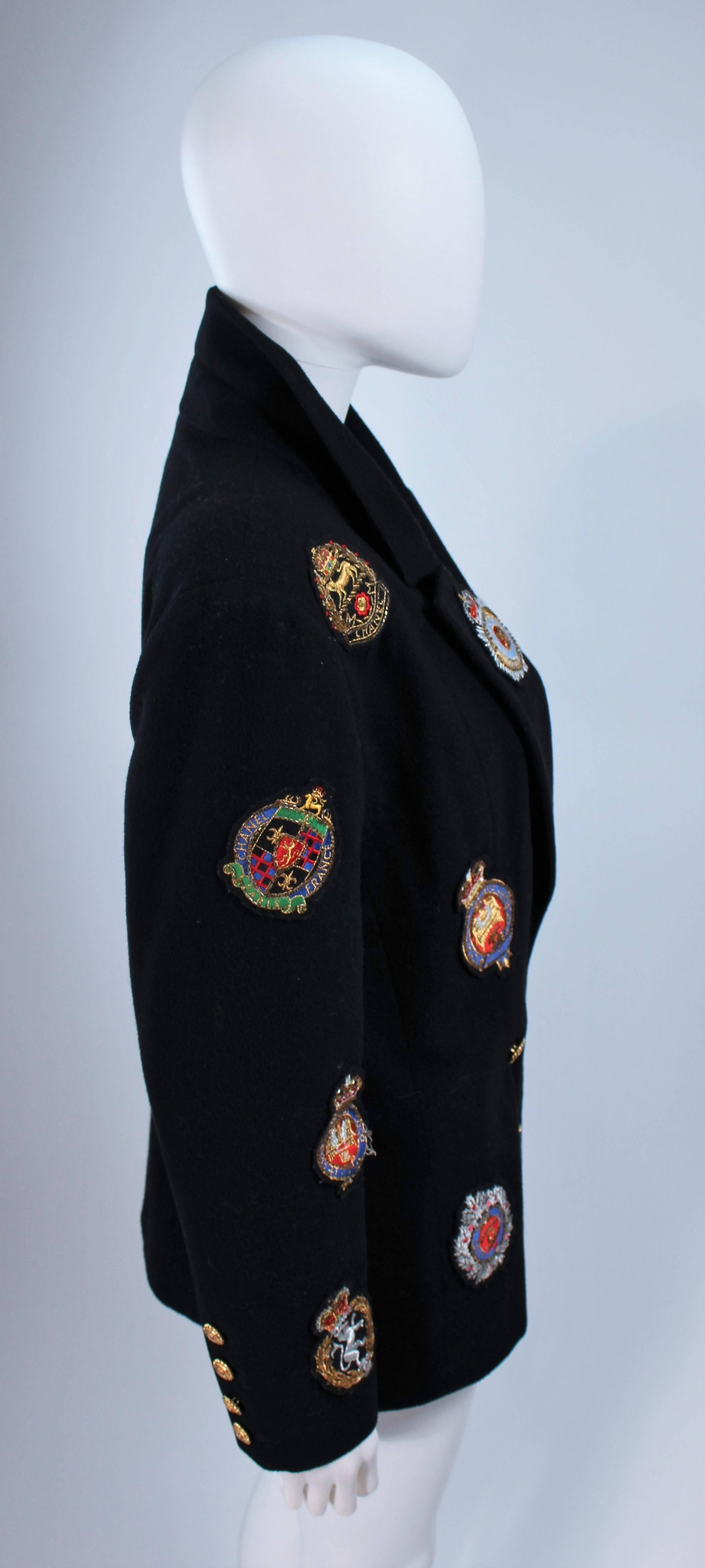 CHANEL BOUTIQUE RARE Beaded Coat of Arms Patch Black Cashmere Blazer Size 42 In Excellent Condition In Los Angeles, CA