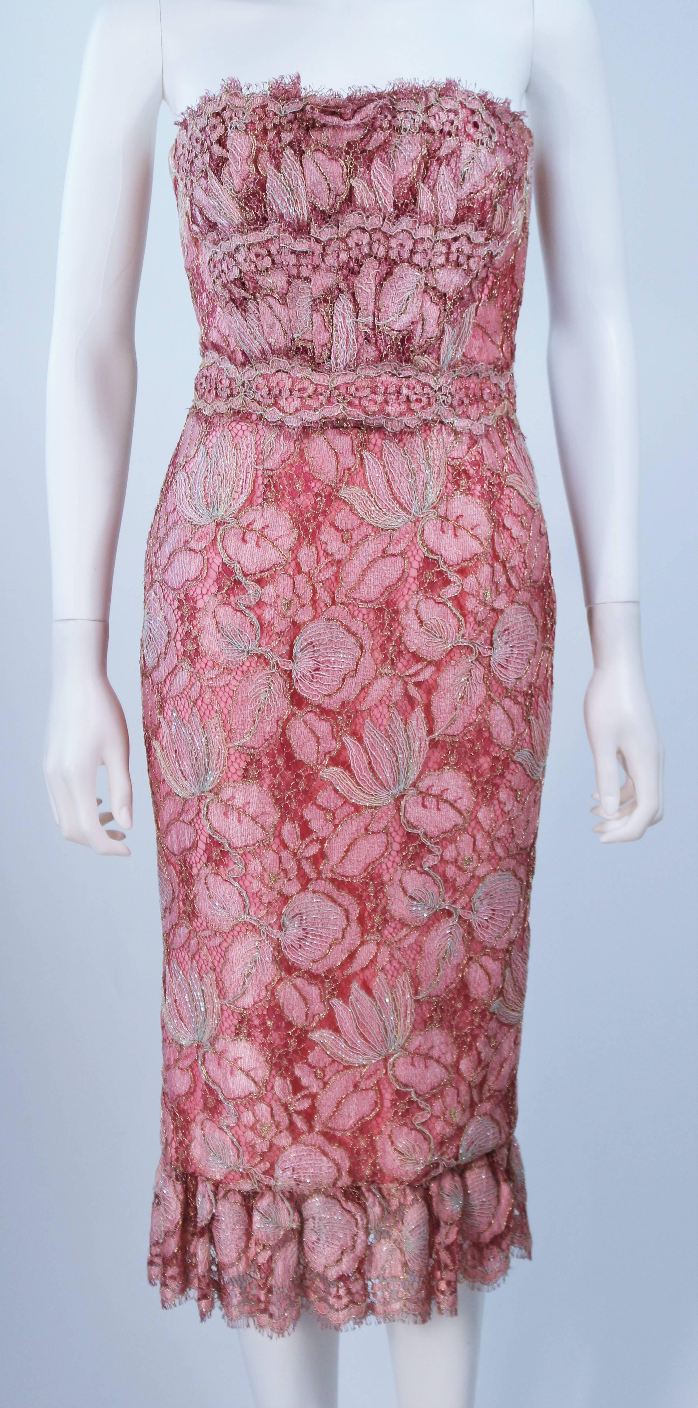 ELIZABETH MASON COUTURE Pink Metallic Lace Cocktail Dress Made to Order In Excellent Condition For Sale In Los Angeles, CA