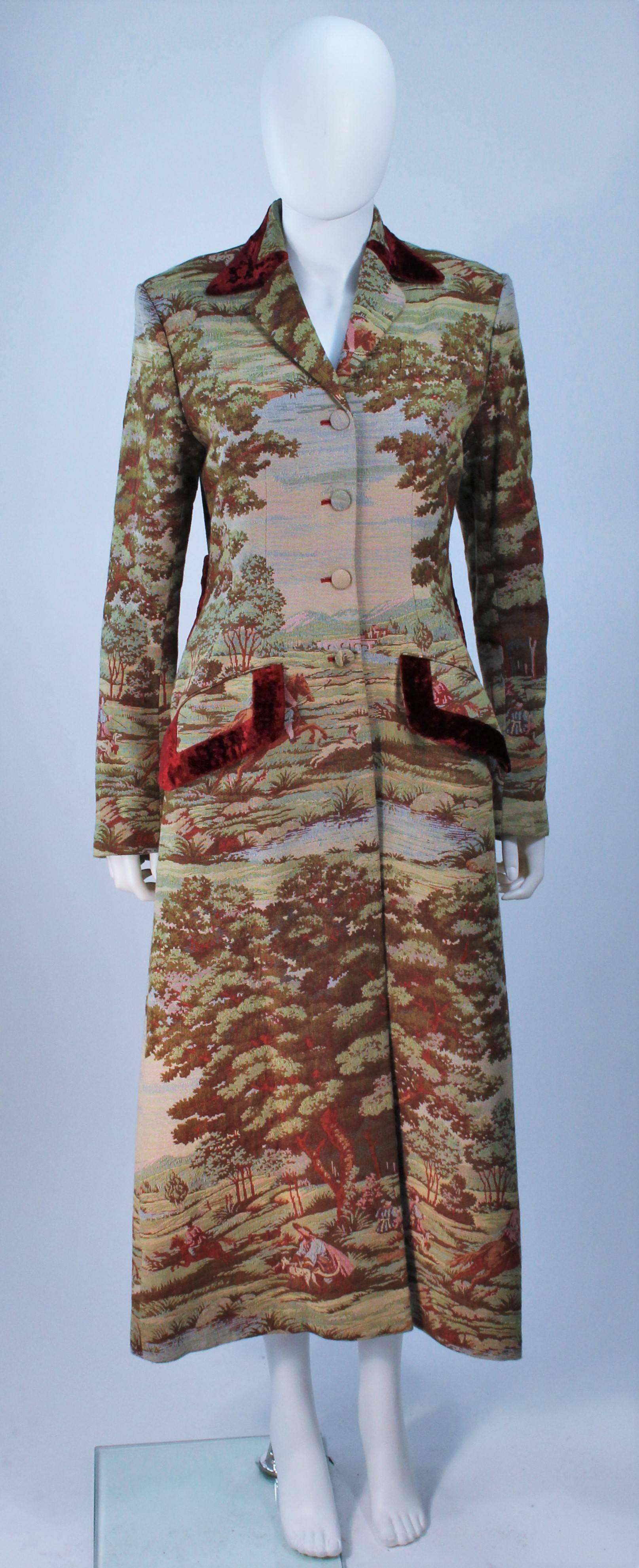  This Richard Tyler hacking style full length coat is composed of a tapestry style textile with a huntsmen motif. Features a striking red silk lining. In excellent condition. 

  **Please cross-reference measurements for personal accuracy. Size in