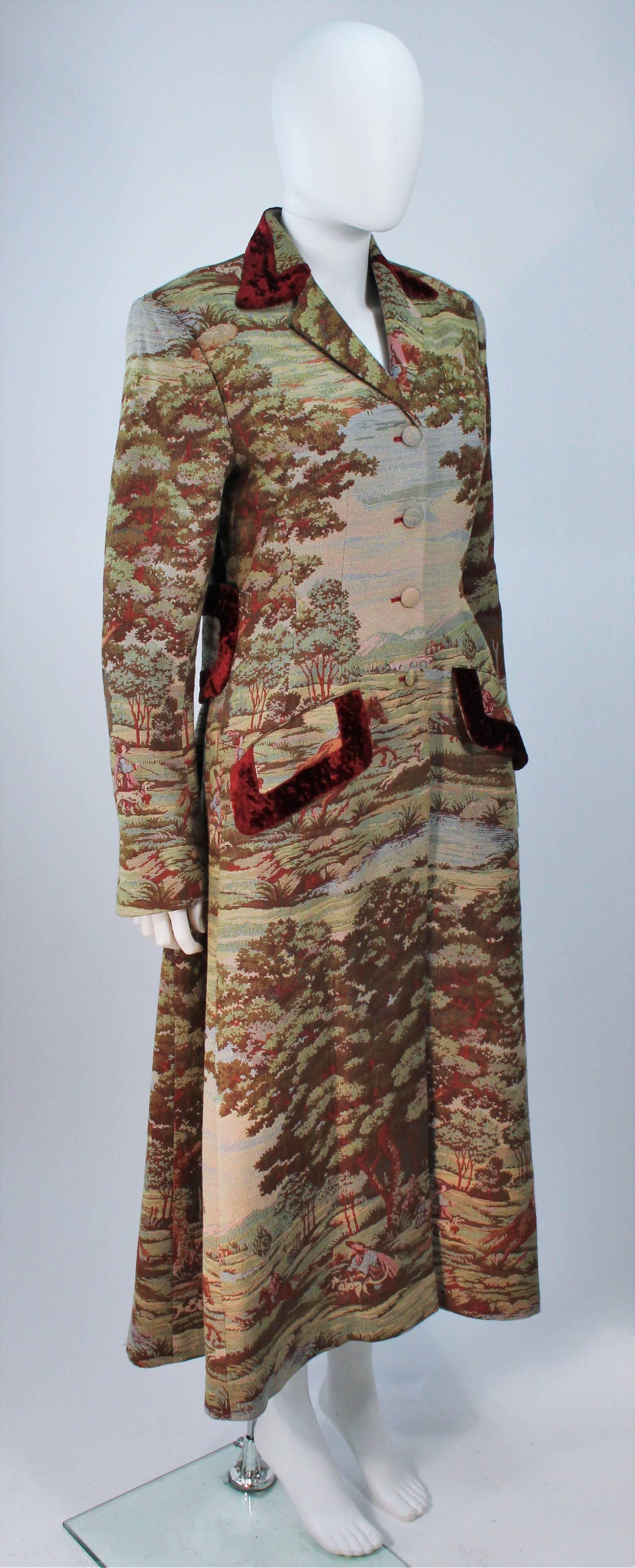 RICHARD TYLER 1990's Velvet Trim Hacking Style Tapestry Coat Size 6 1