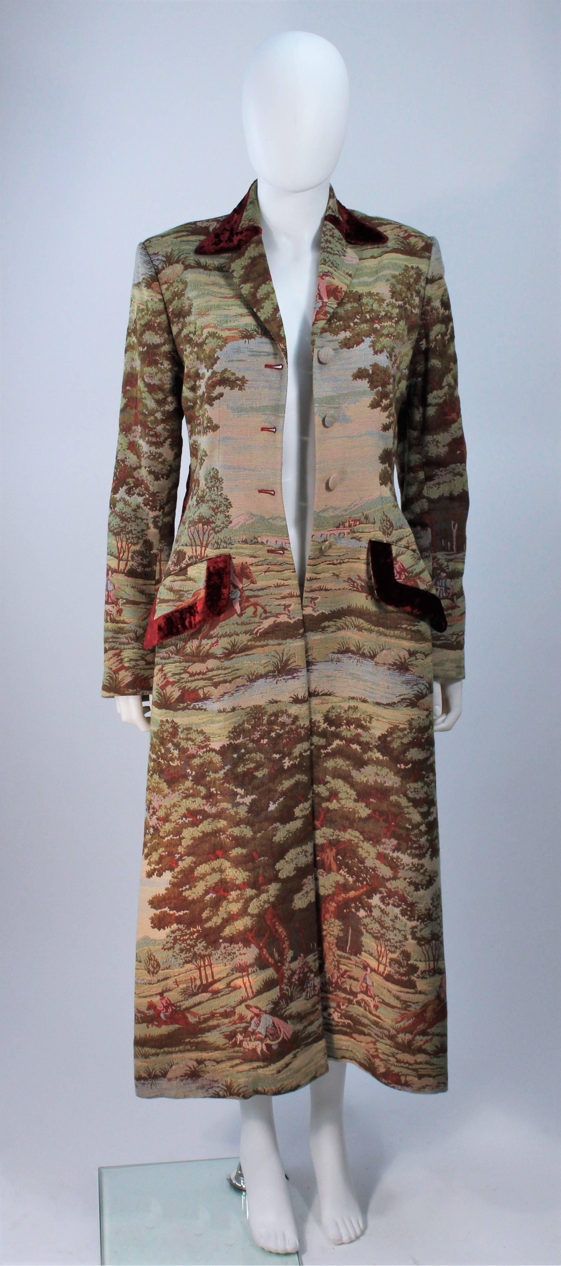 Brown RICHARD TYLER 1990's Velvet Trim Hacking Style Tapestry Coat Size 6