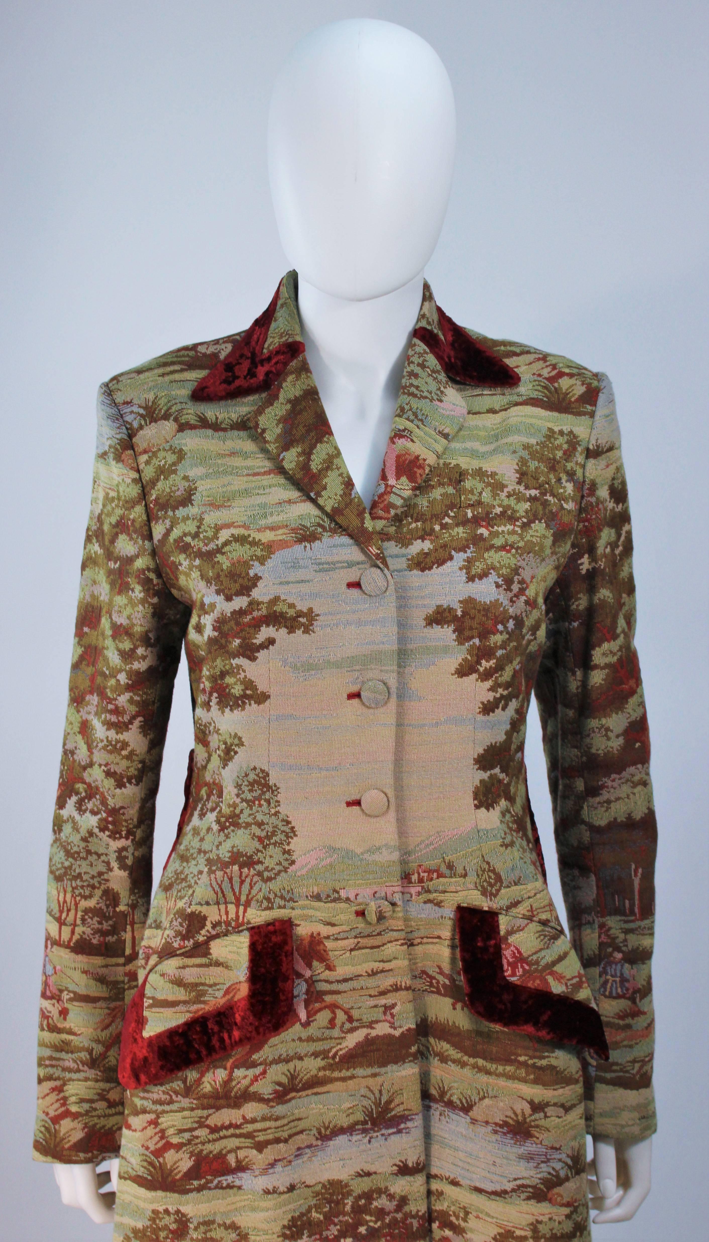 RICHARD TYLER 1990's Velvet Trim Hacking Style Tapestry Coat Size 6 In Excellent Condition In Los Angeles, CA
