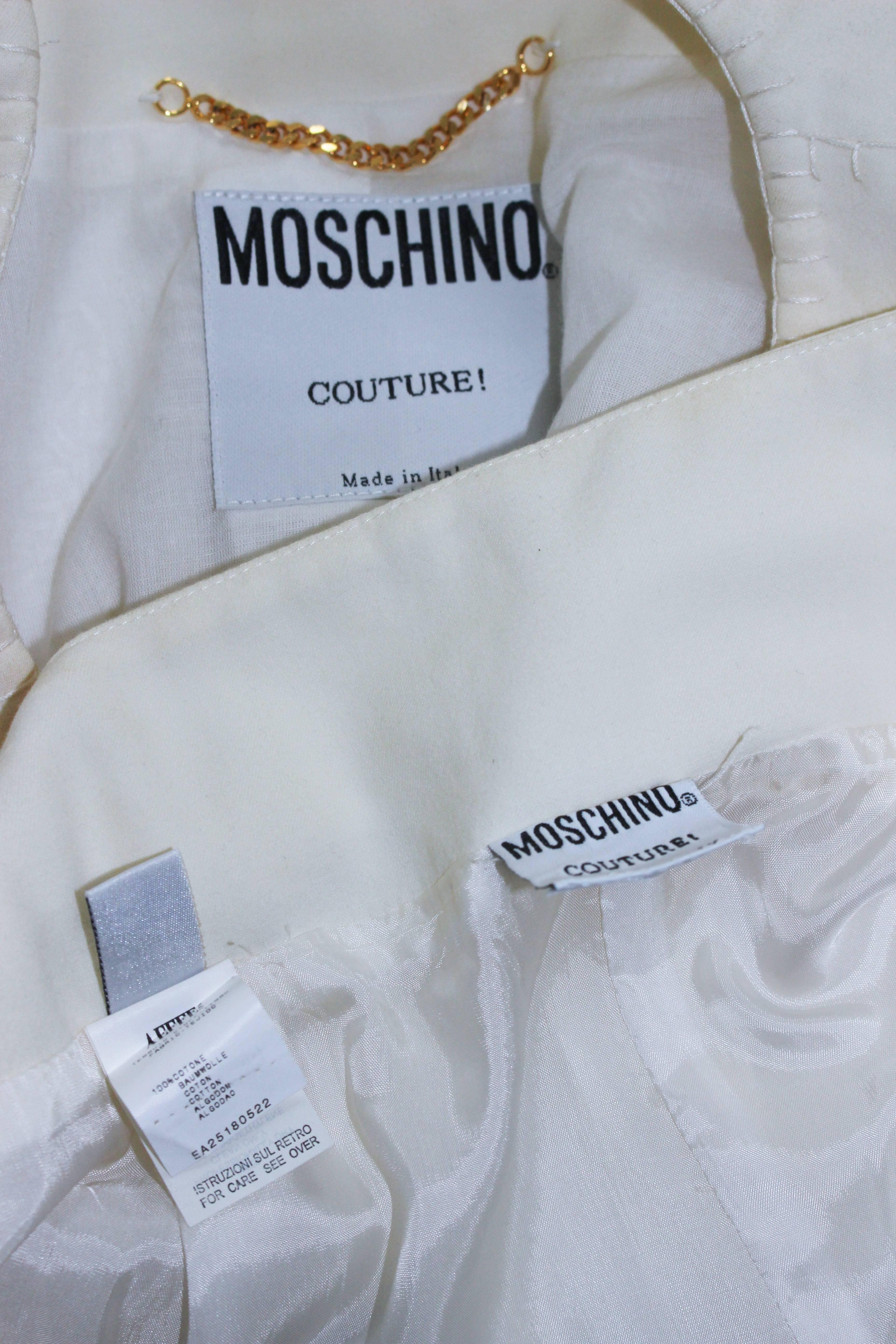 MOSCHINO Off White Embroidered Stretch Skirt Suit Size 12 For Sale 2