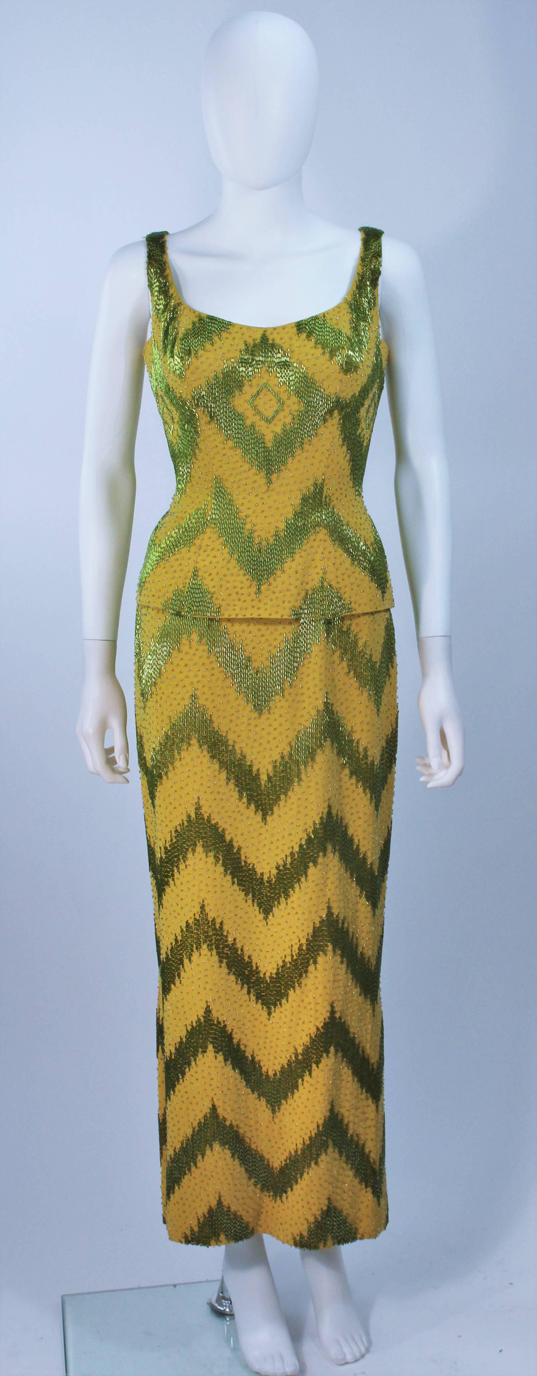  This gown is composed of two beaded pieces in green and chartreuse hues. There are zipper closures. In great vintage condition.

  **Please cross-reference measurements for personal accuracy. Size in description box is an estimation.

Measures