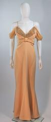 SAM CARLIN Nude Draped Off-Shoulder Gown with Rhinestone Decollete Size 10
