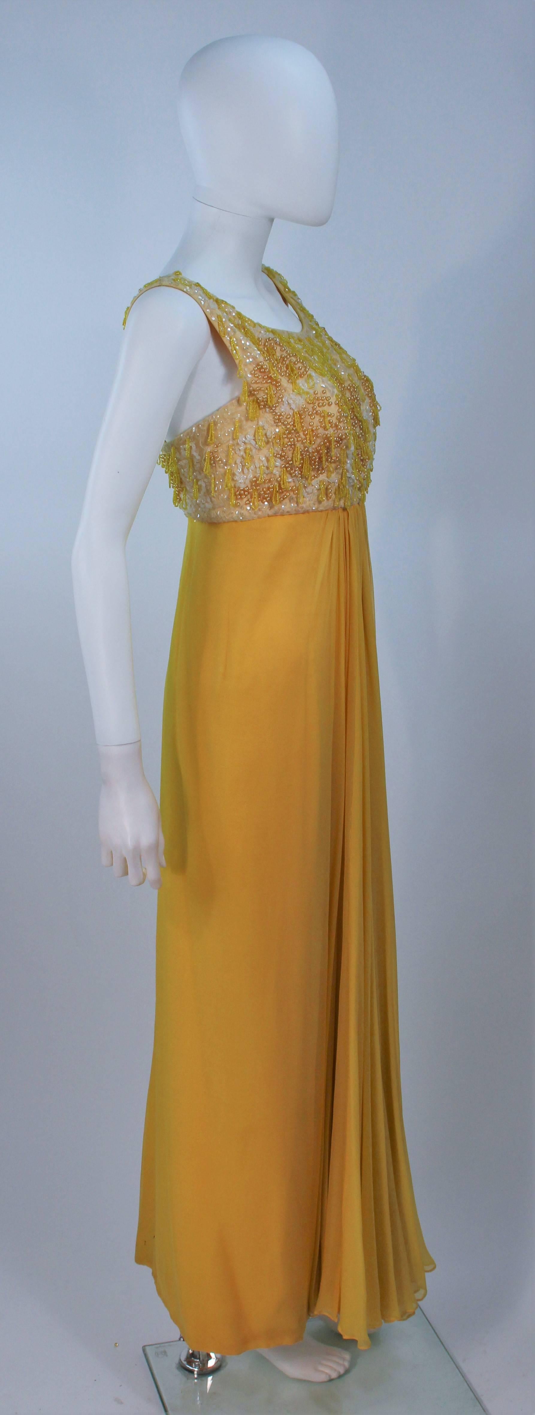 Women's 1960's Beaded Yellow Draped Chiffon Gown Size 2-4