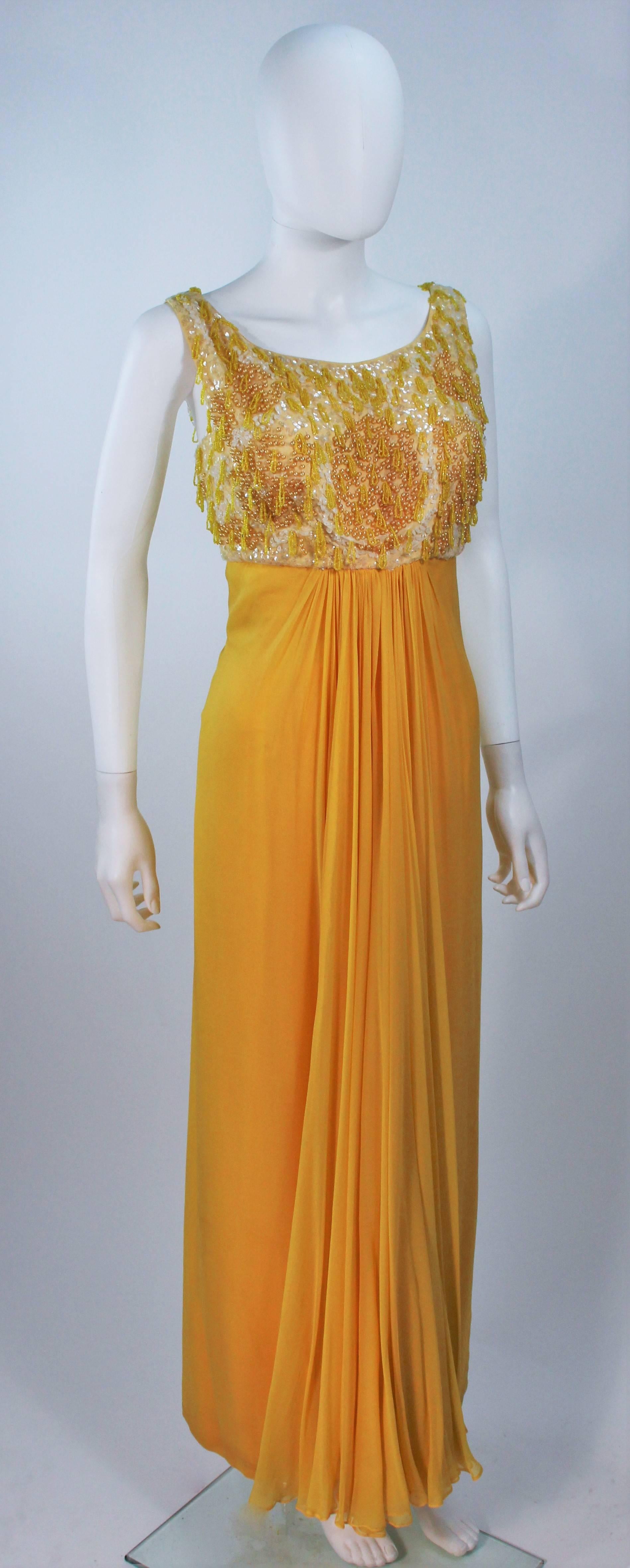 Brown 1960's Beaded Yellow Draped Chiffon Gown Size 2-4
