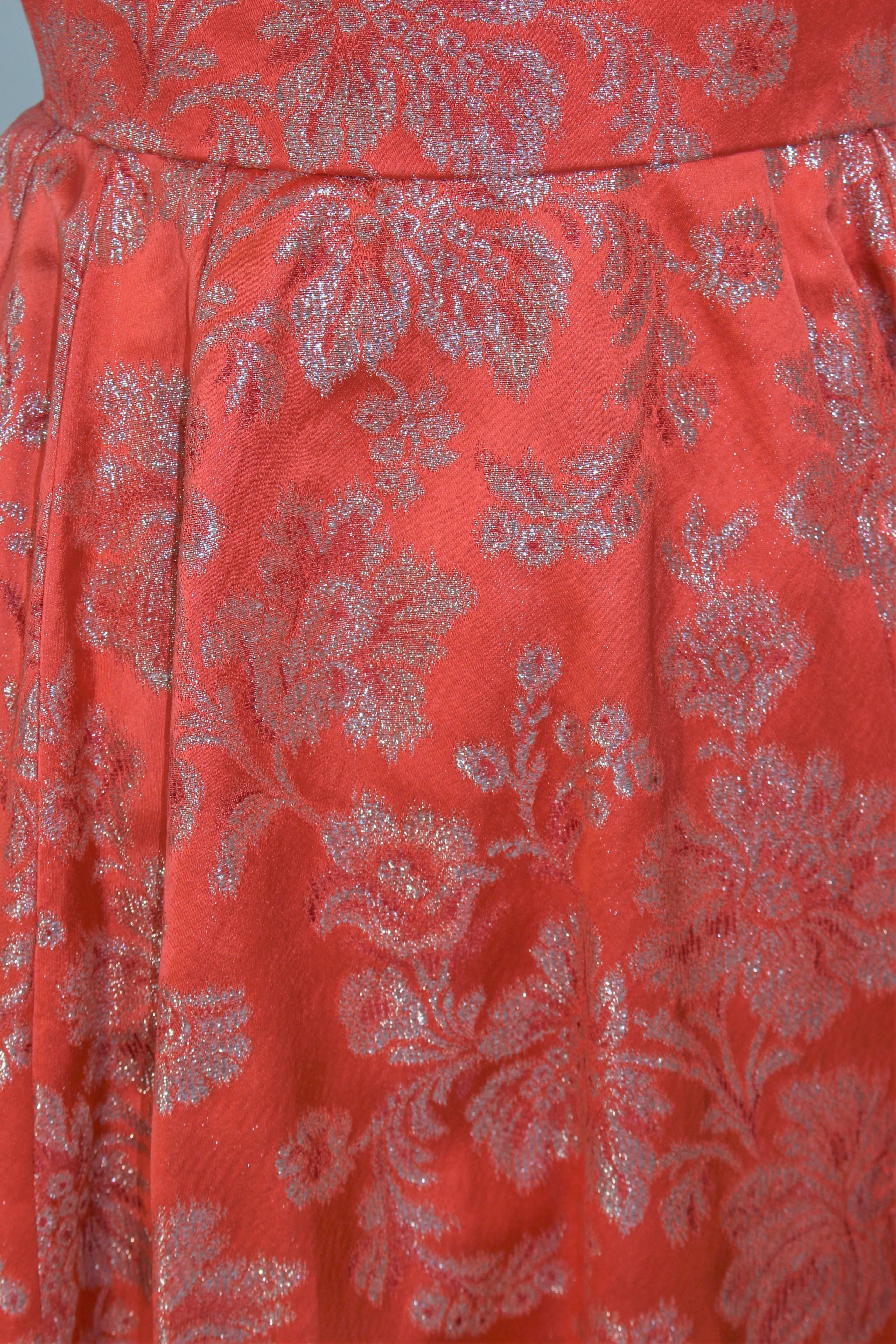 1950's Coral Orange Lame Strapless Gown Size 4-6 In Excellent Condition In Los Angeles, CA