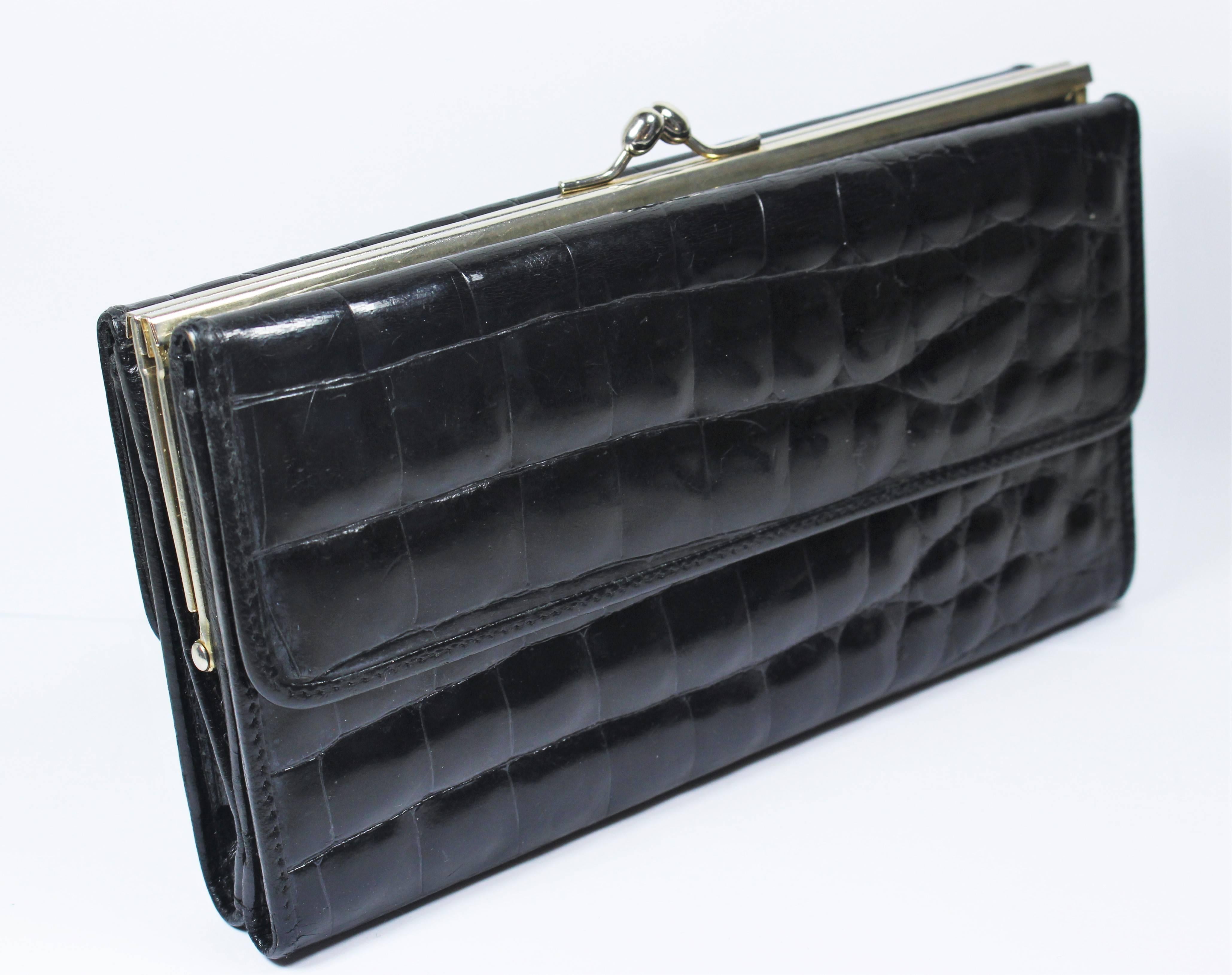 Women's NEIMAN MARCUS Vintage Frame Black Crocodile Wallet