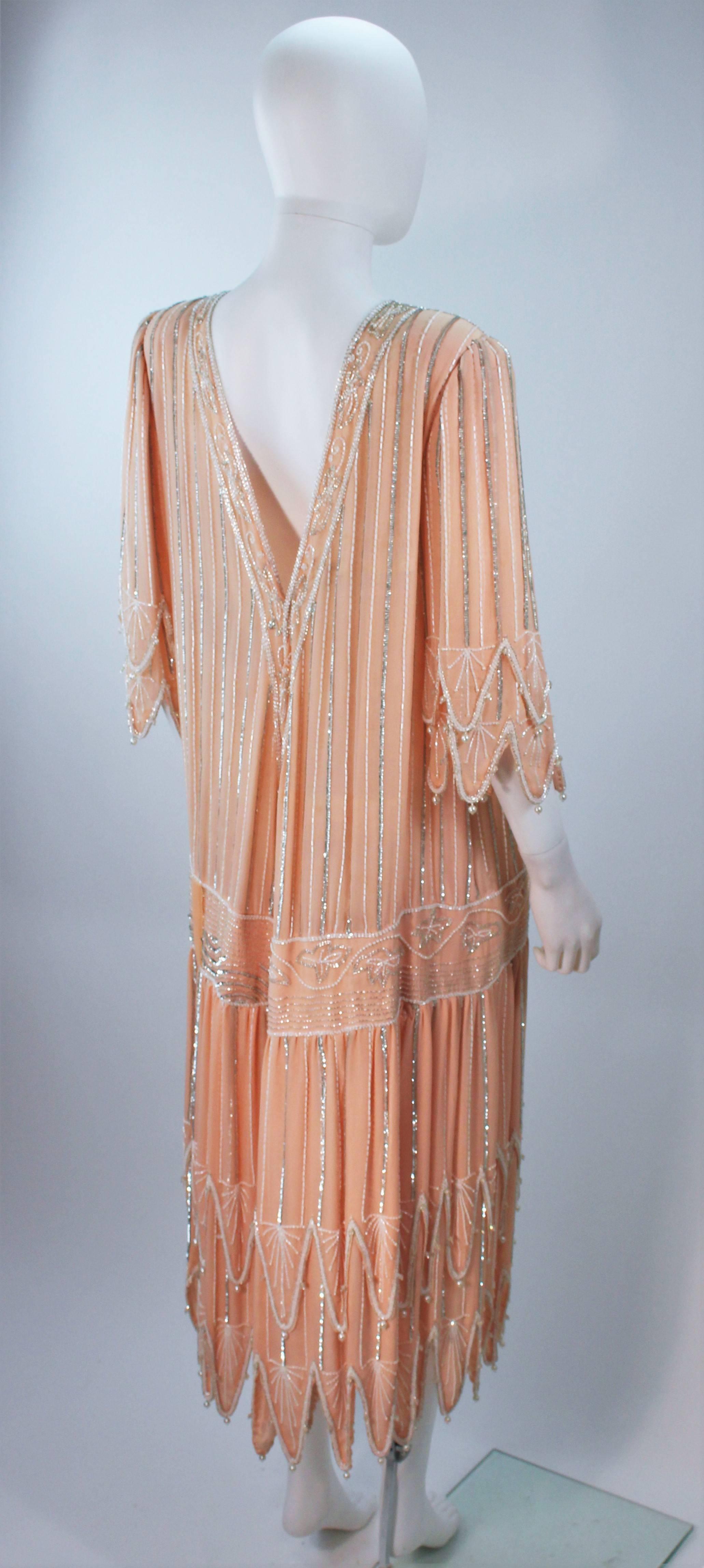 Beige Judith Ann Creations 1920s Style Silk Peach Beaded Flapper Dress