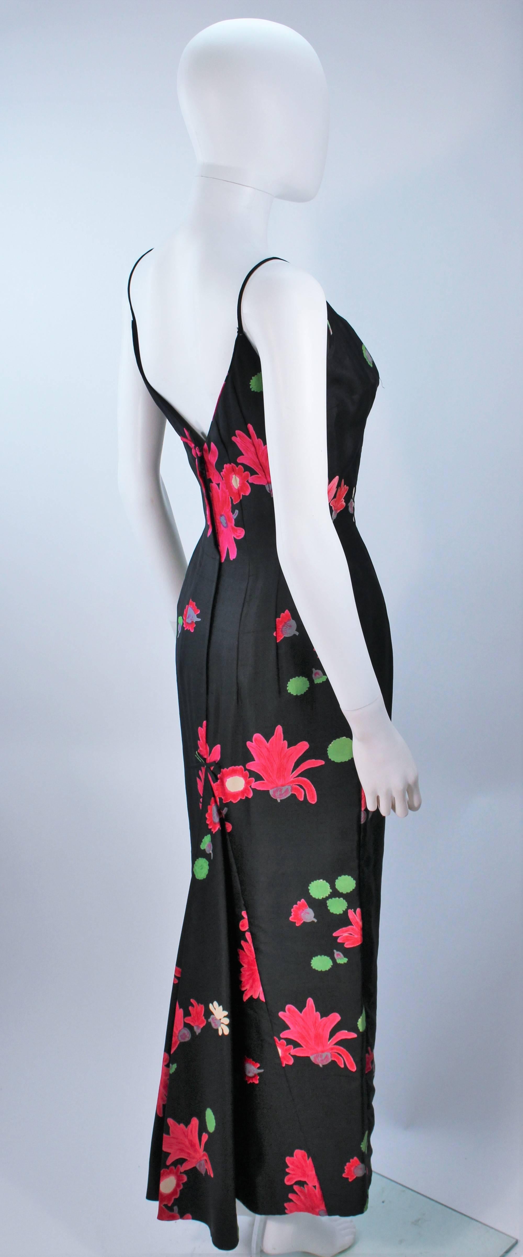 Vintage Black Floral Silk Gown with Pleat Detail Size 2-4 For Sale 4