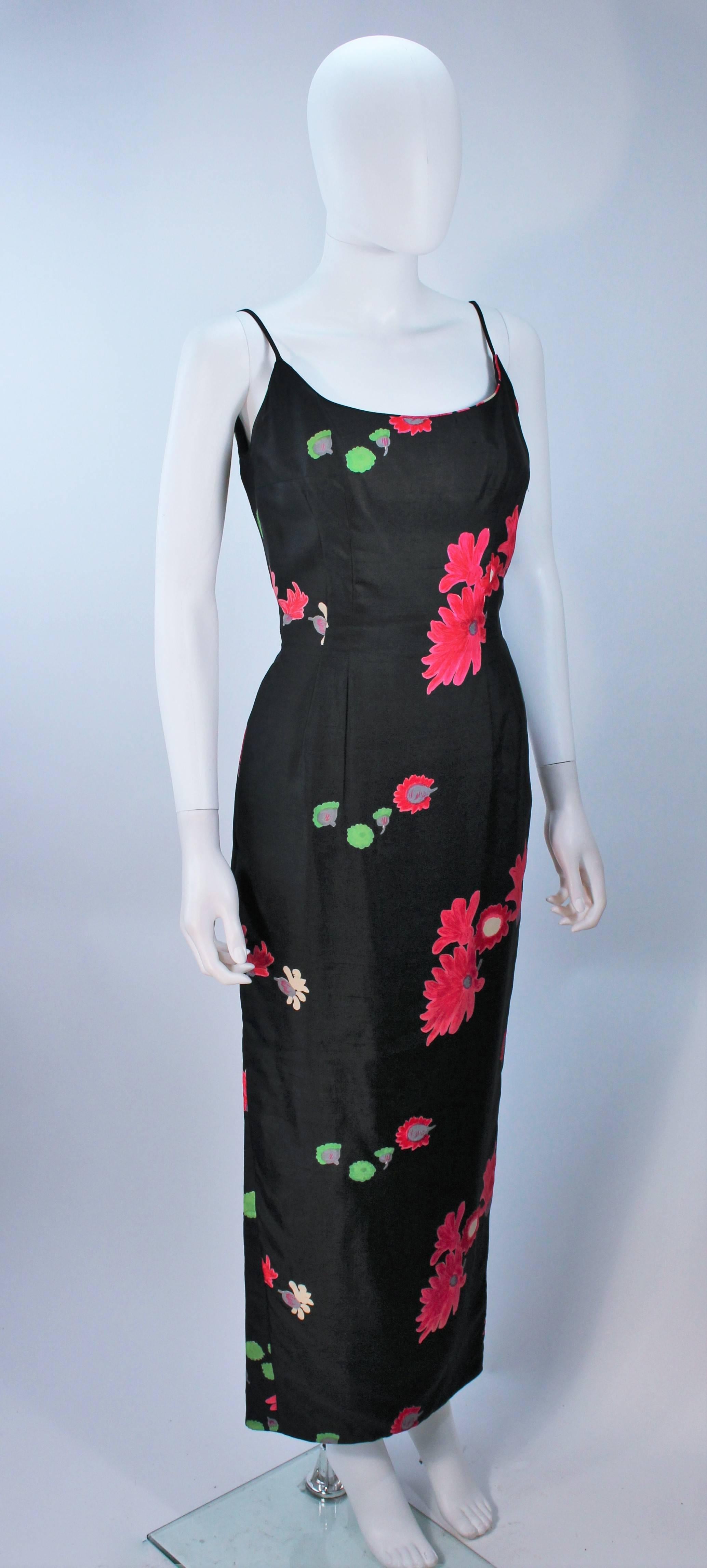 Women's Vintage Black Floral Silk Gown with Pleat Detail Size 2-4 For Sale