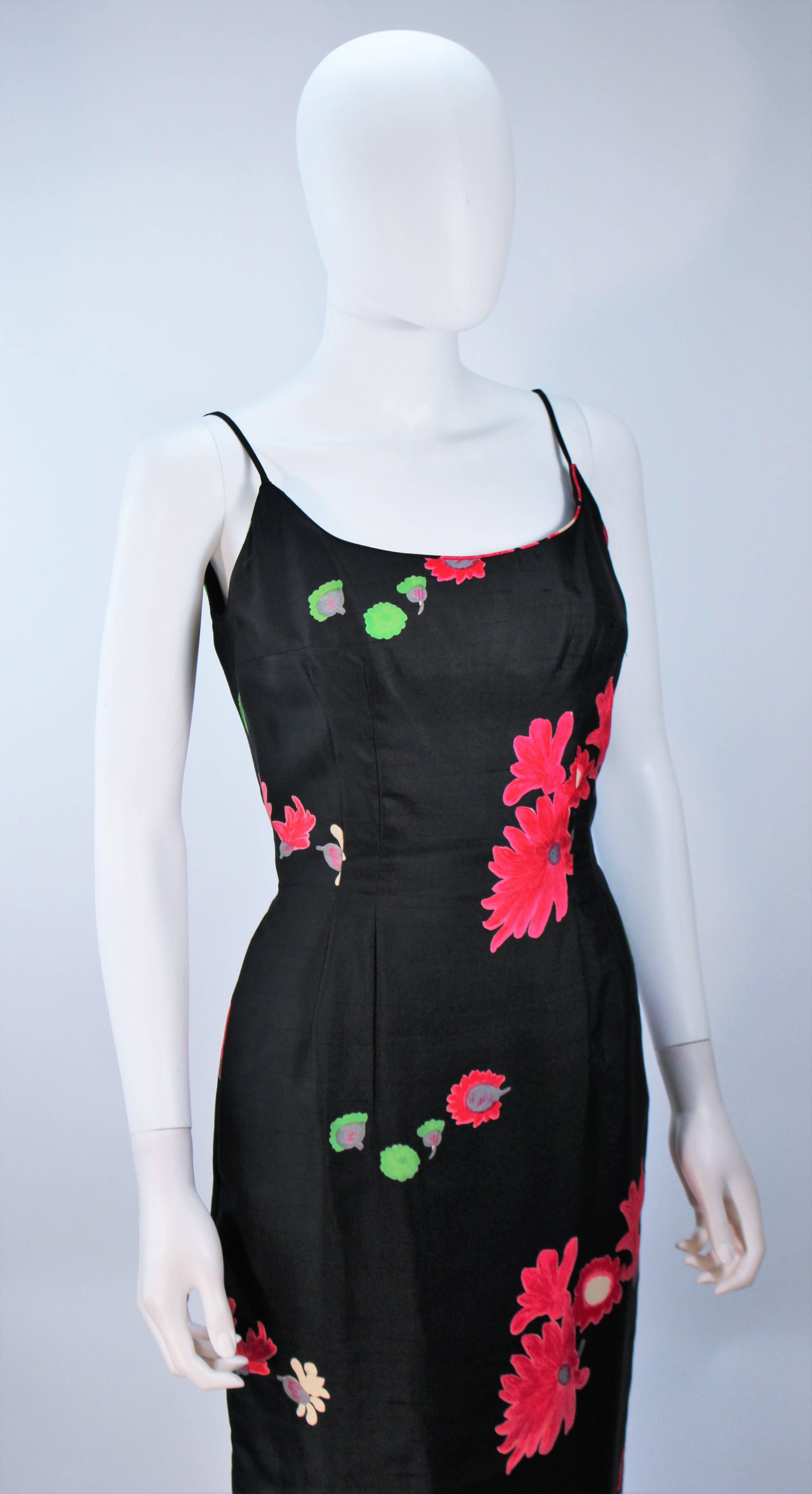 Vintage Black Floral Silk Gown with Pleat Detail Size 2-4 For Sale 1