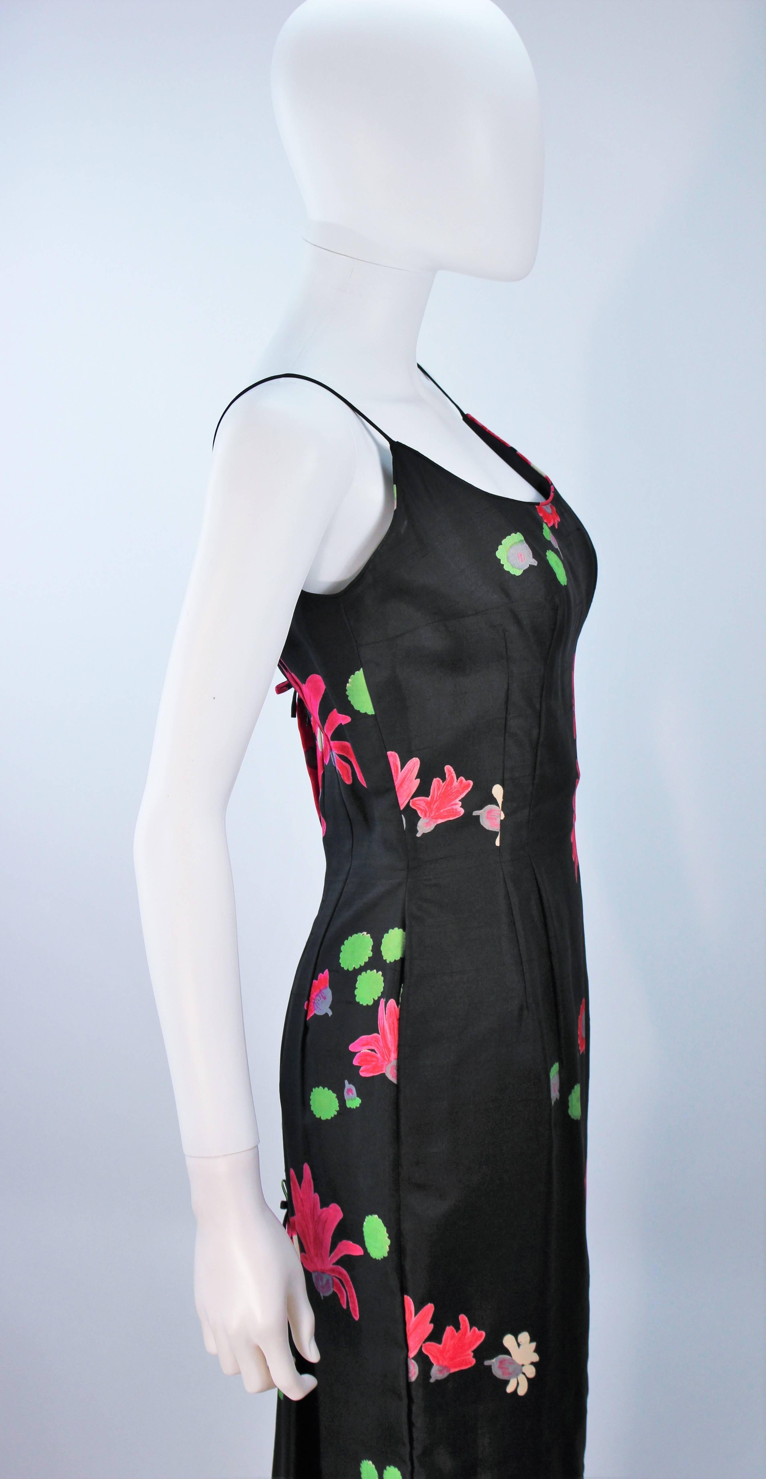 Vintage Black Floral Silk Gown with Pleat Detail Size 2-4 For Sale 2