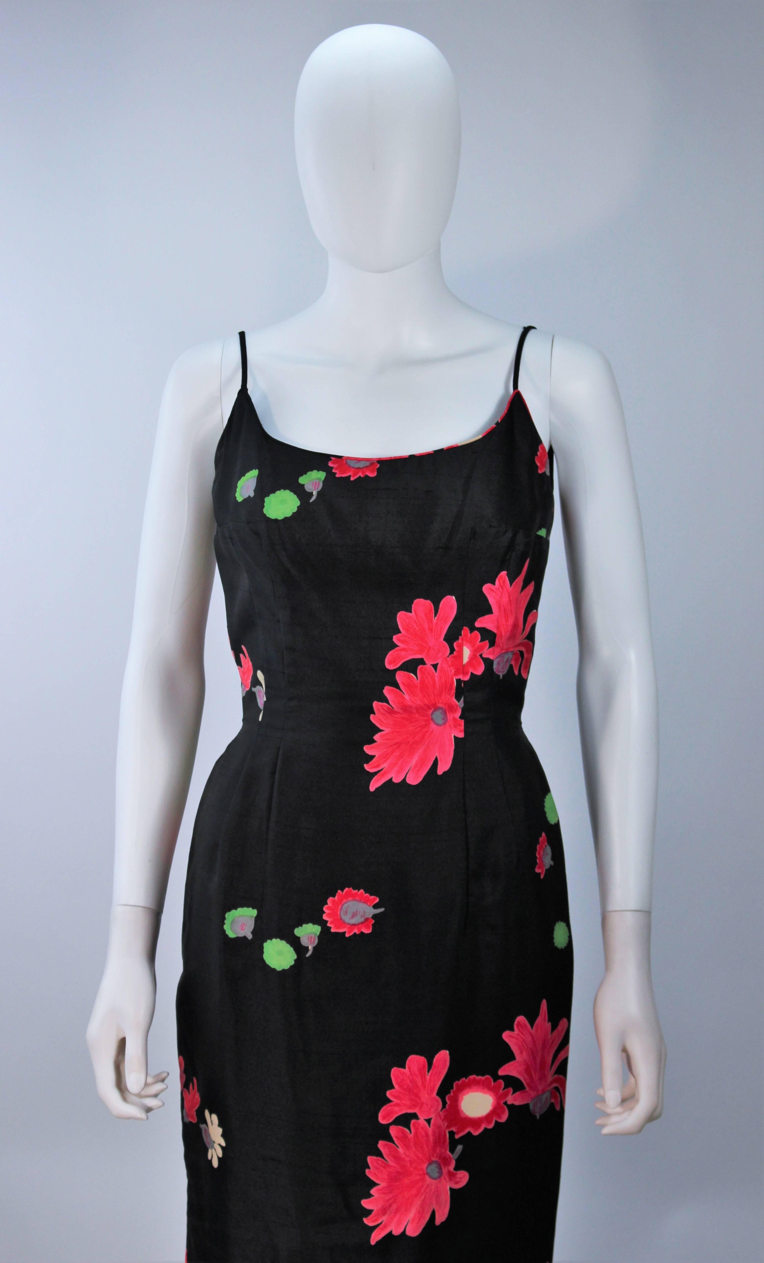 Vintage Black Floral Silk Gown with Pleat Detail Size 2-4 In Excellent Condition For Sale In Los Angeles, CA