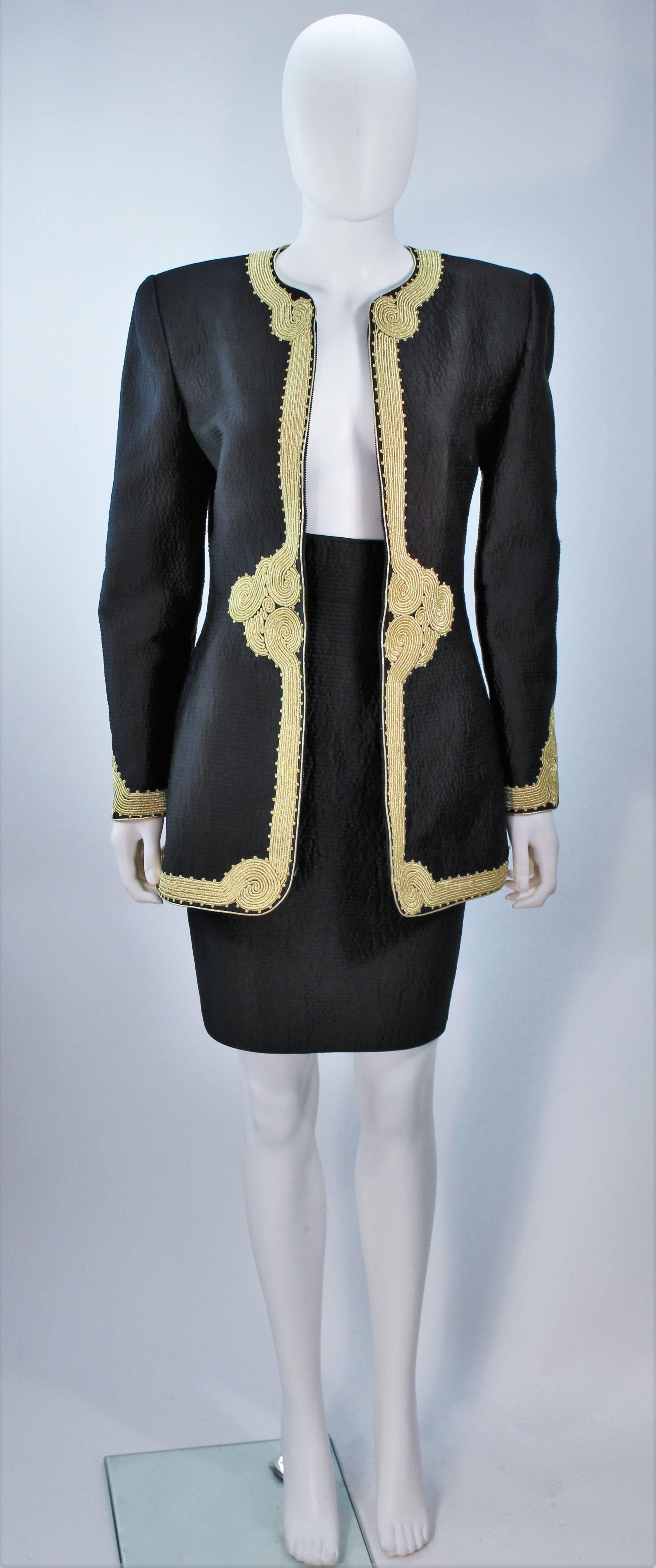 MARY MCFADDEN Black Silk Skirt Suit with Gold Embroidery Size 8 In Excellent Condition In Los Angeles, CA