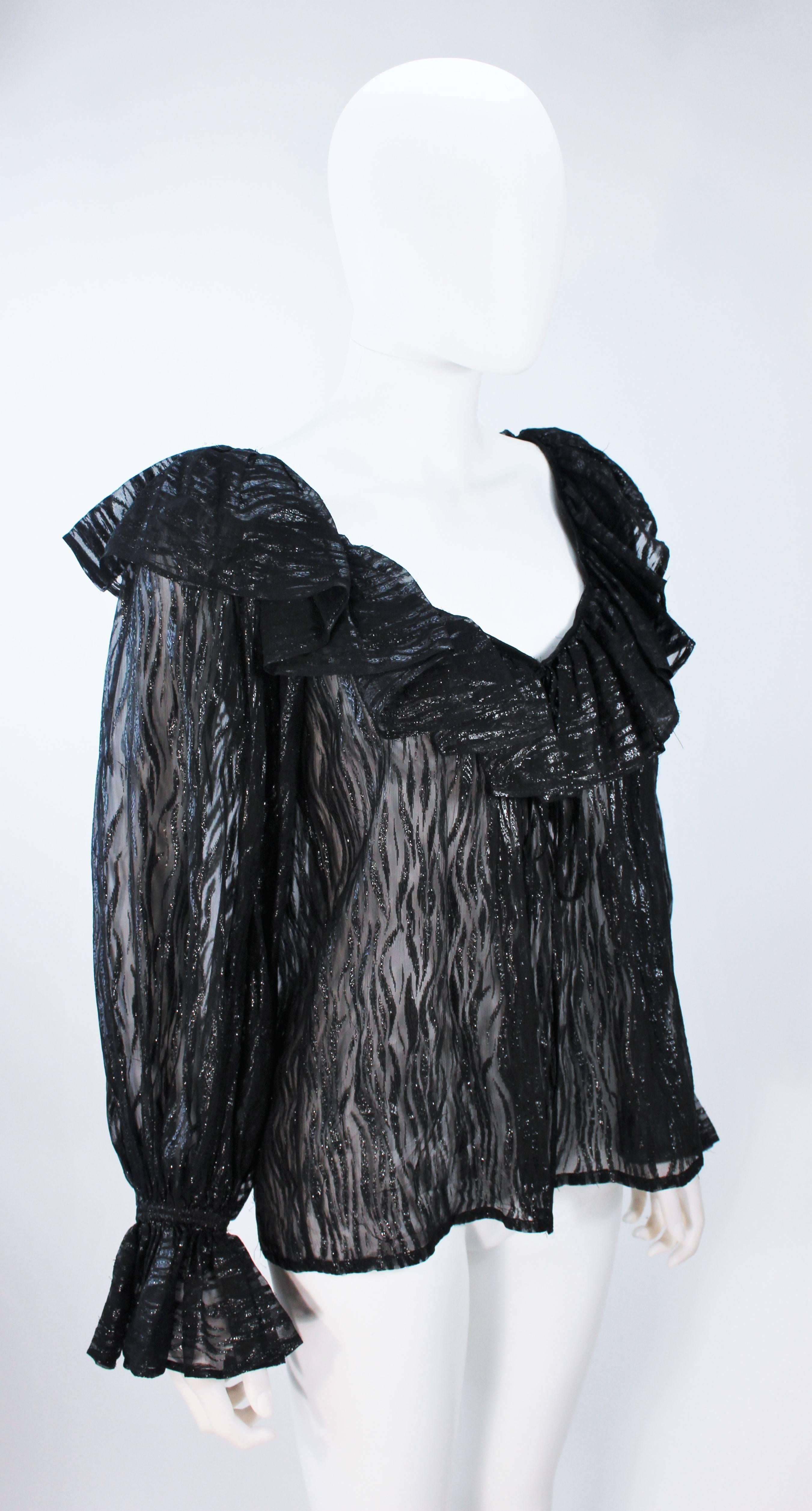 YVES SAINT LAURENT Black Printed Sheer Silk Blouse with Fuzzy Lame Size 4-6 1