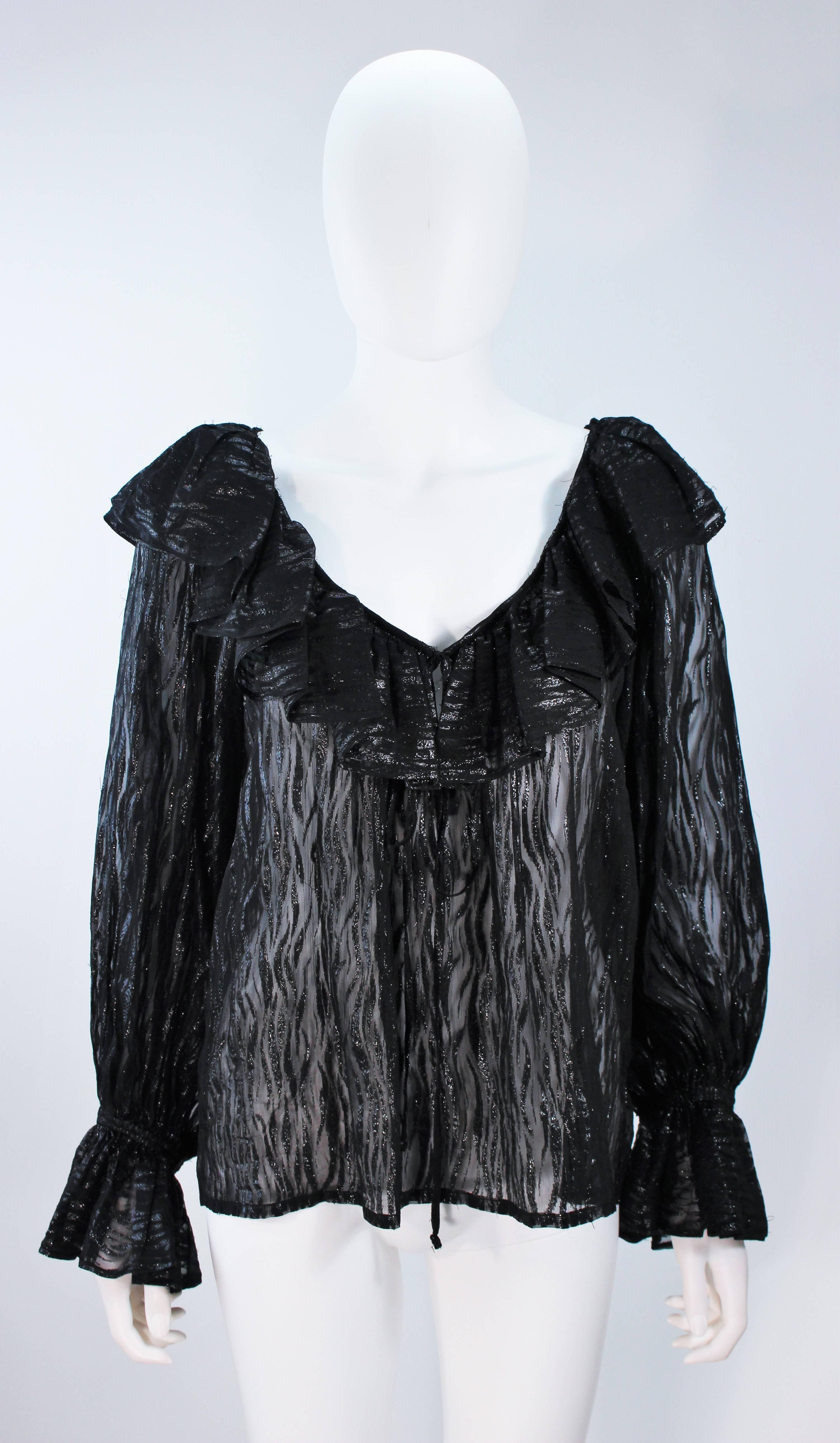 Women's YVES SAINT LAURENT Black Printed Sheer Silk Blouse with Fuzzy Lame Size 4-6